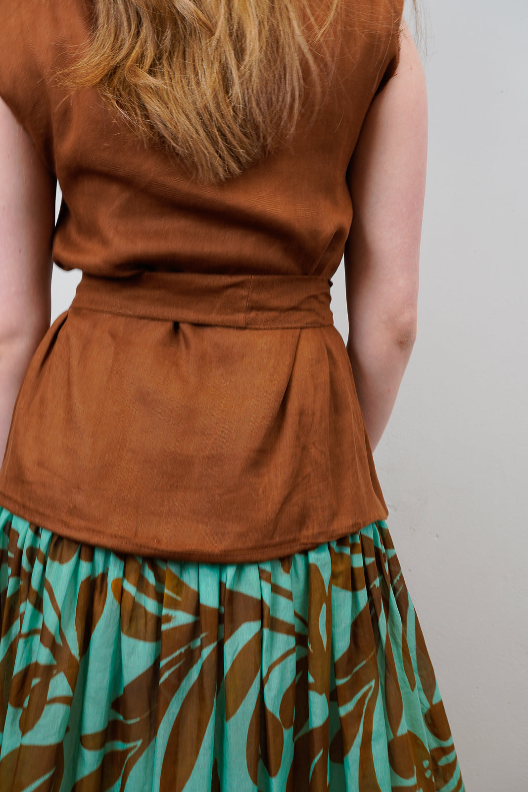 Brown Sleeveless Dress with Aqua Printed Skirt