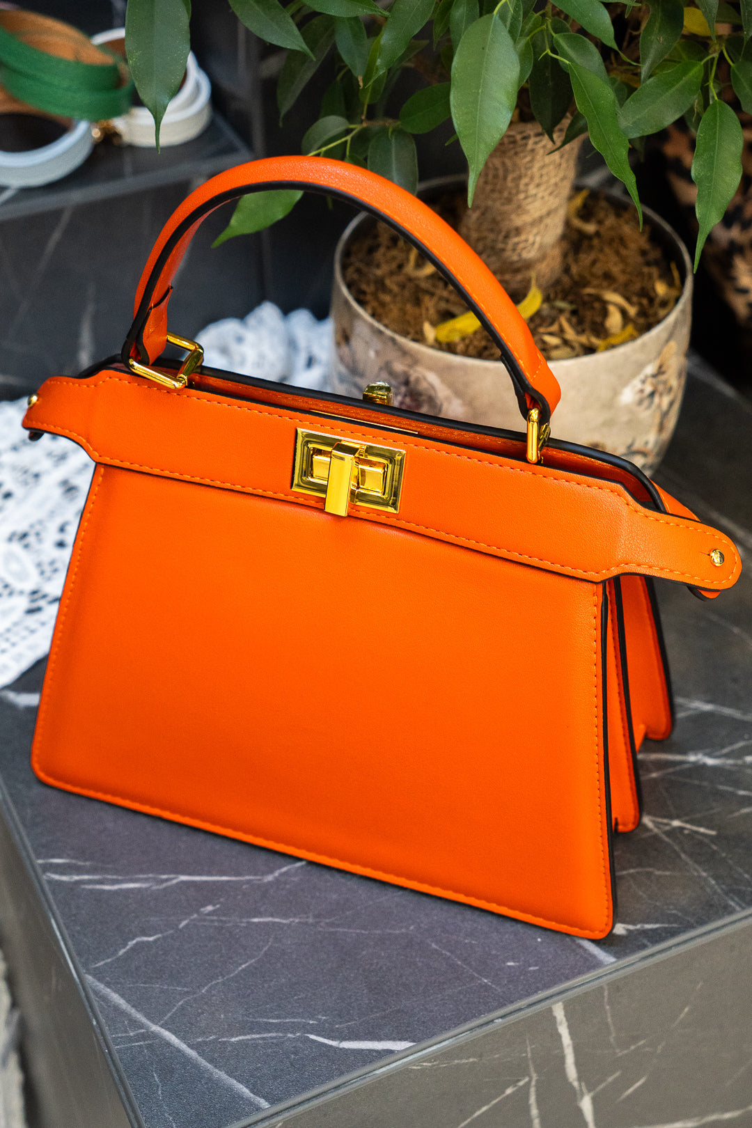 Orange Structured Twist-Lock Top-Handle Bag