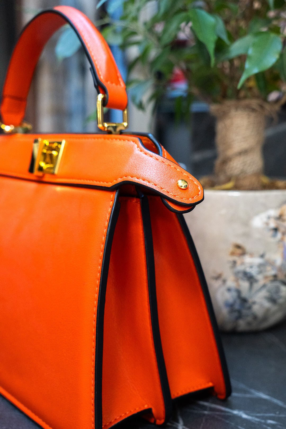 Orange Structured Twist-Lock Top-Handle Bag