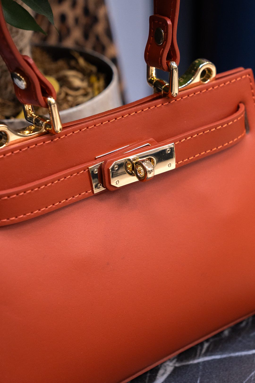 Terracotta Structured Twist-Lock Top-Handle Bag