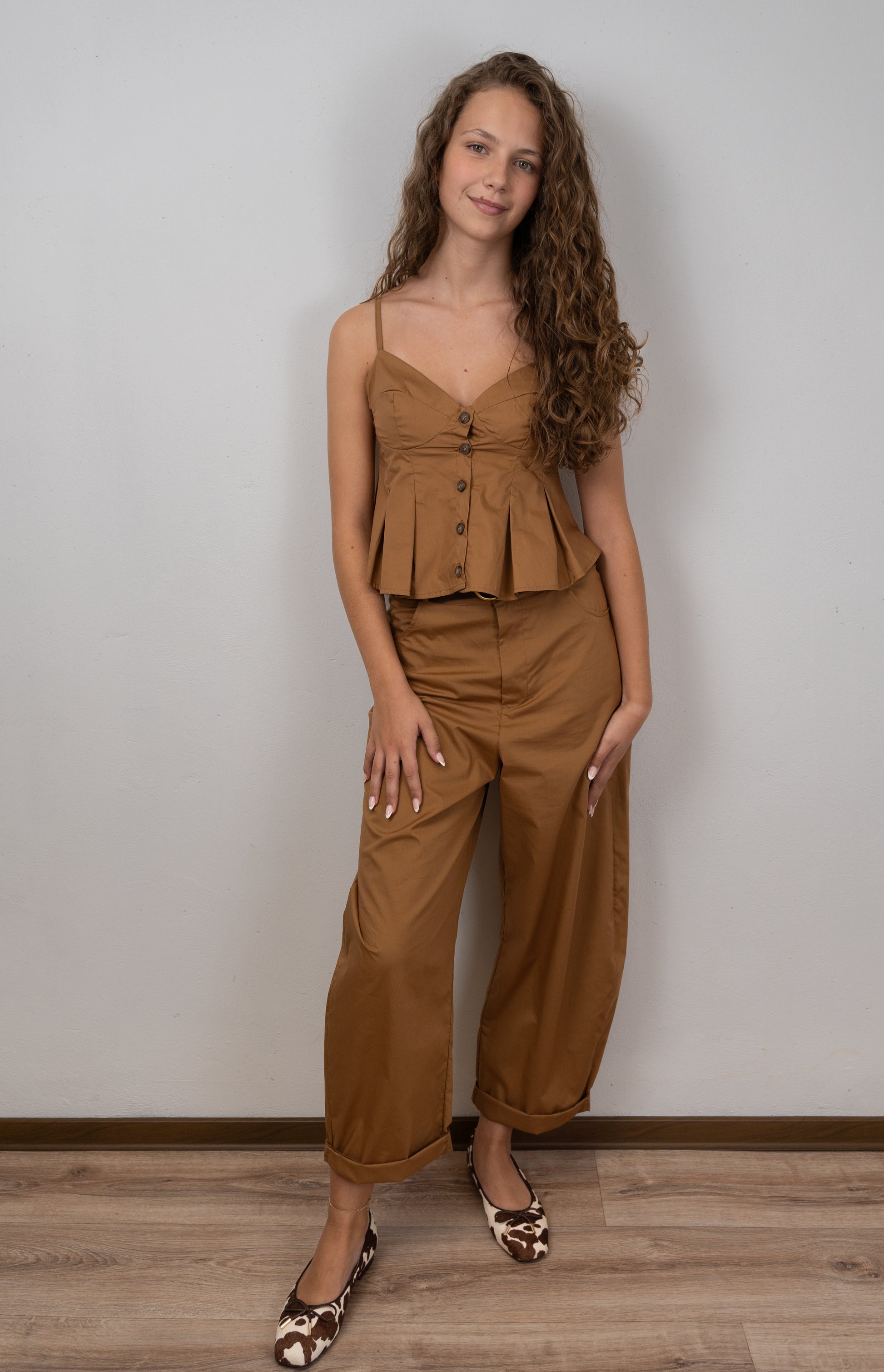 Camel Pleated Button-Front Top