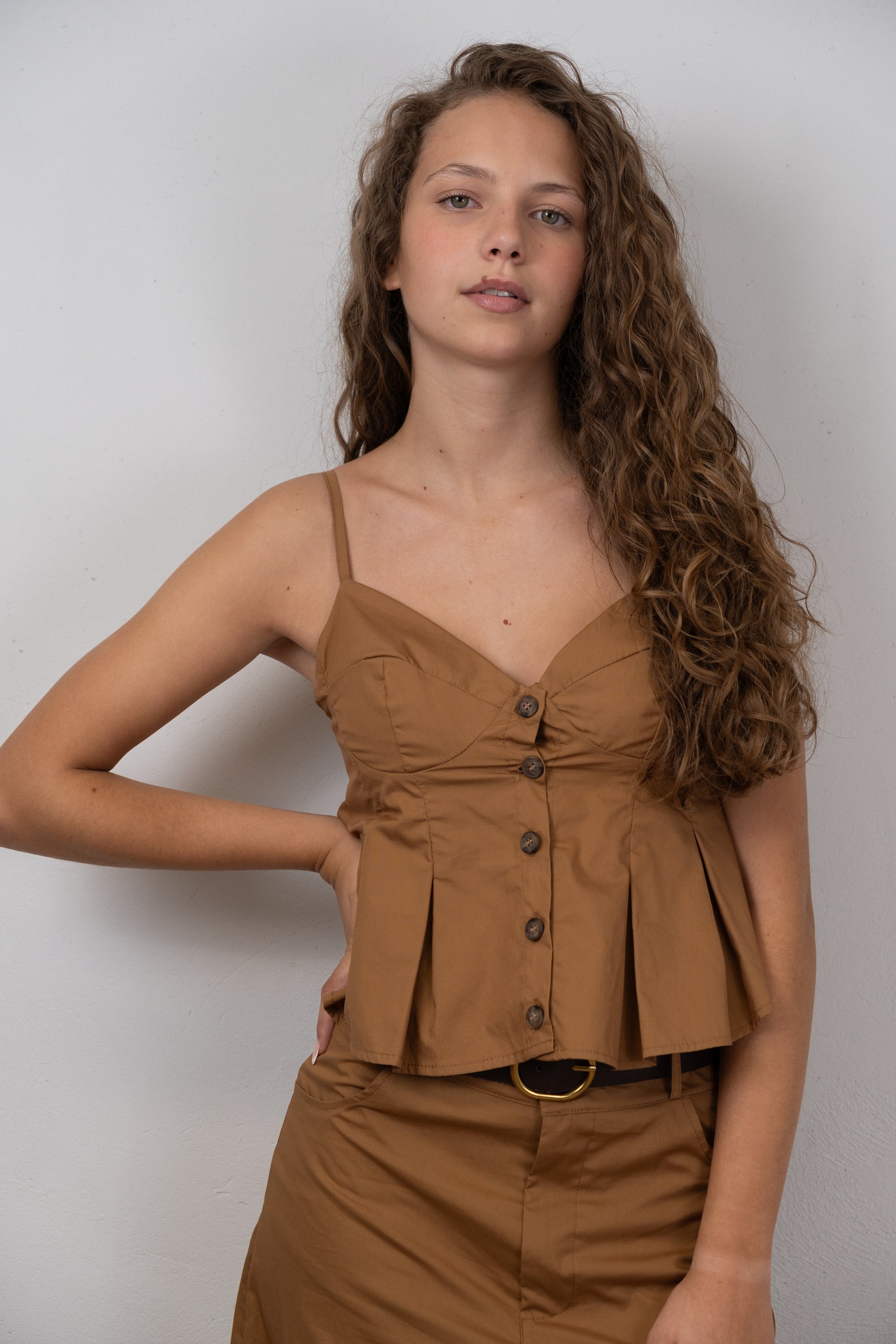 Camel Pleated Button-Front Top