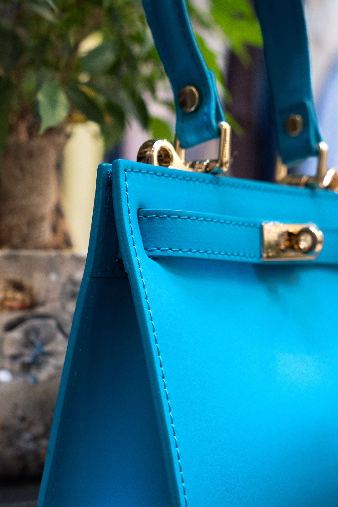 Turquoise Structured Twist-Lock Top-Handle Bag