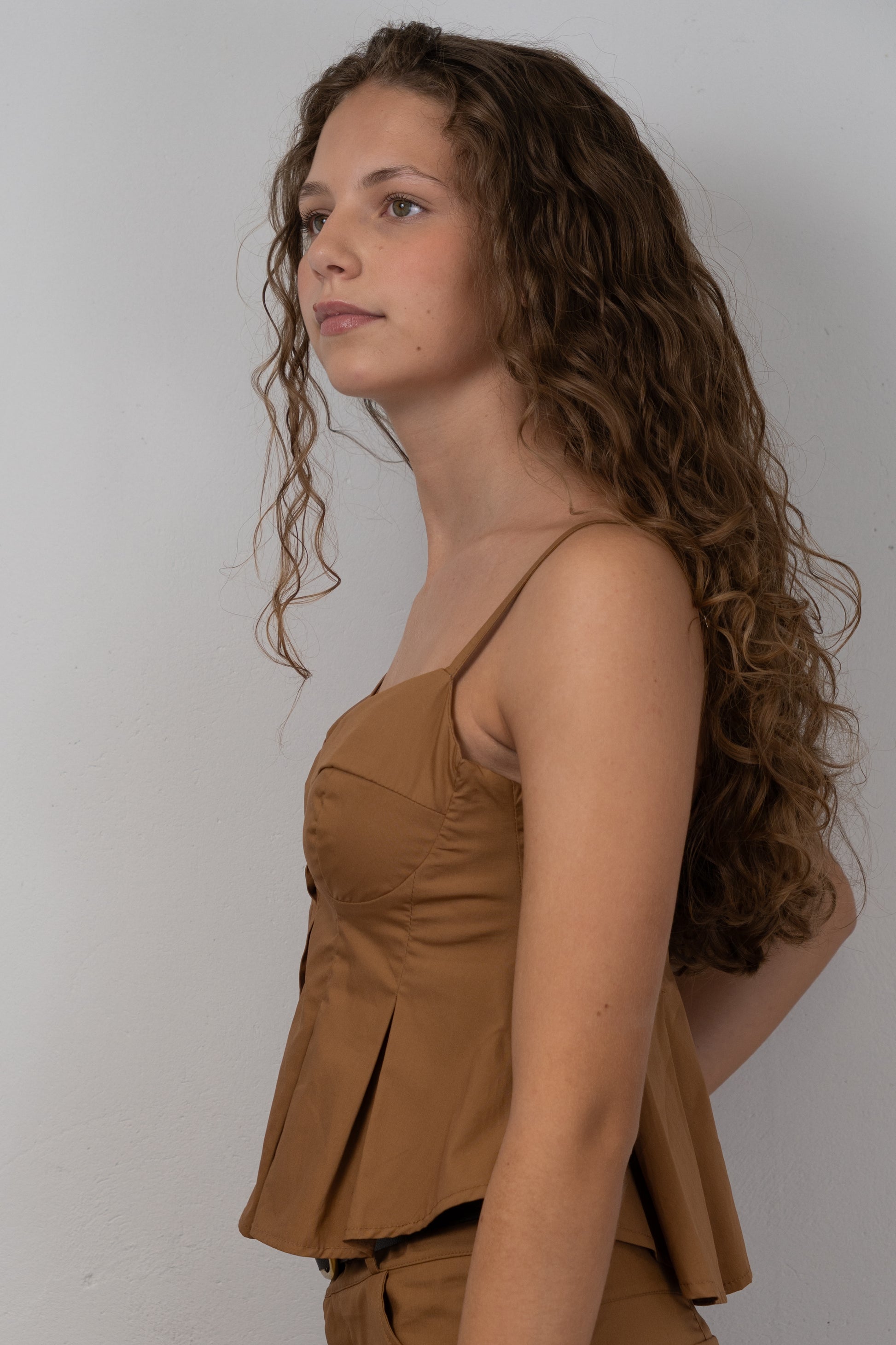 Camel Pleated Button-Front Top
