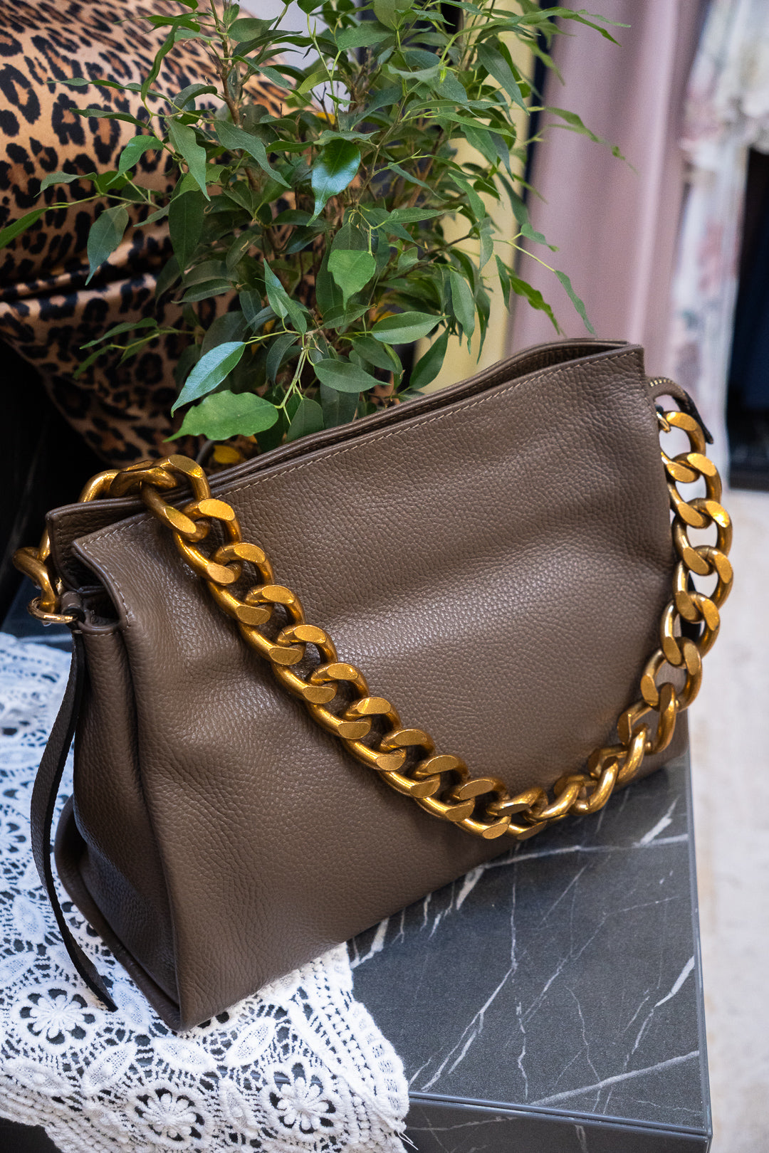 Taupe Chunky Chain Shoulder Bag