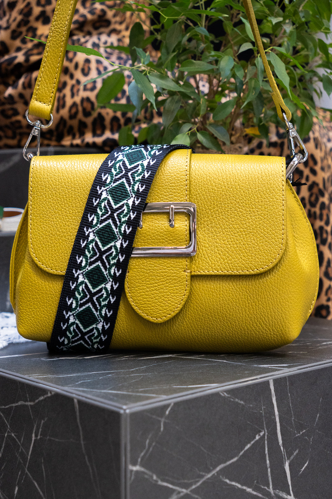 Chartreuse Pebbled Leather Buckle-Flap Crossbody Bag