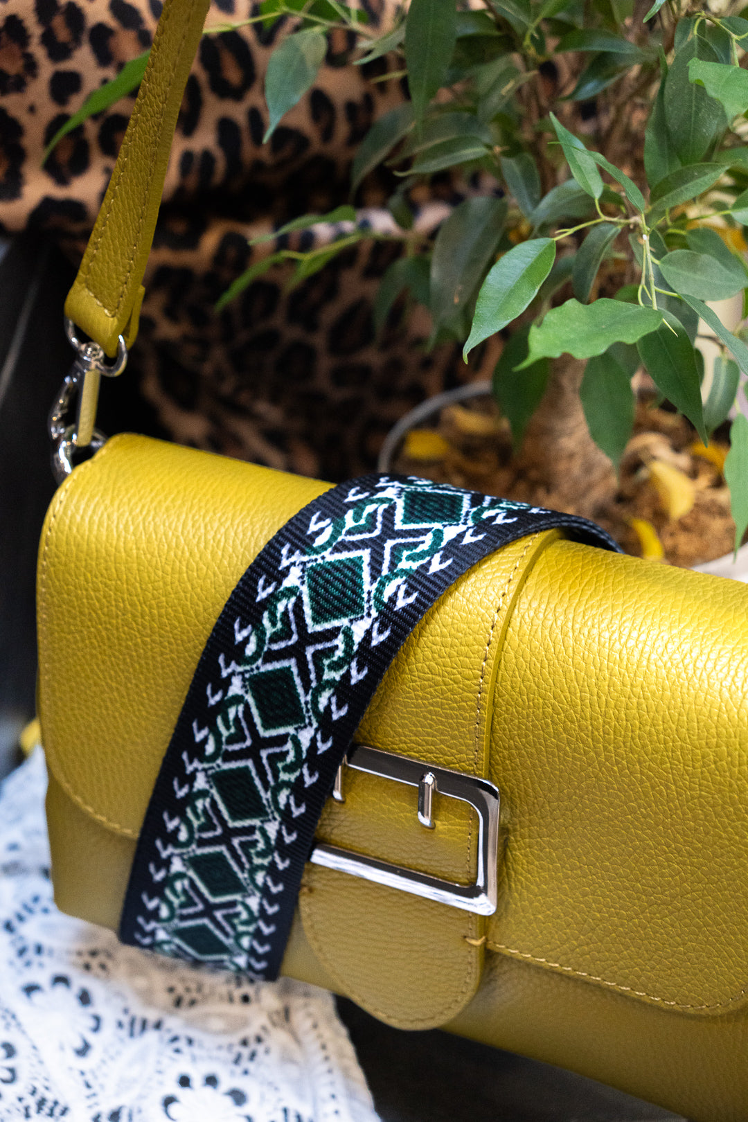 Chartreuse Pebbled Leather Buckle-Flap Crossbody Bag