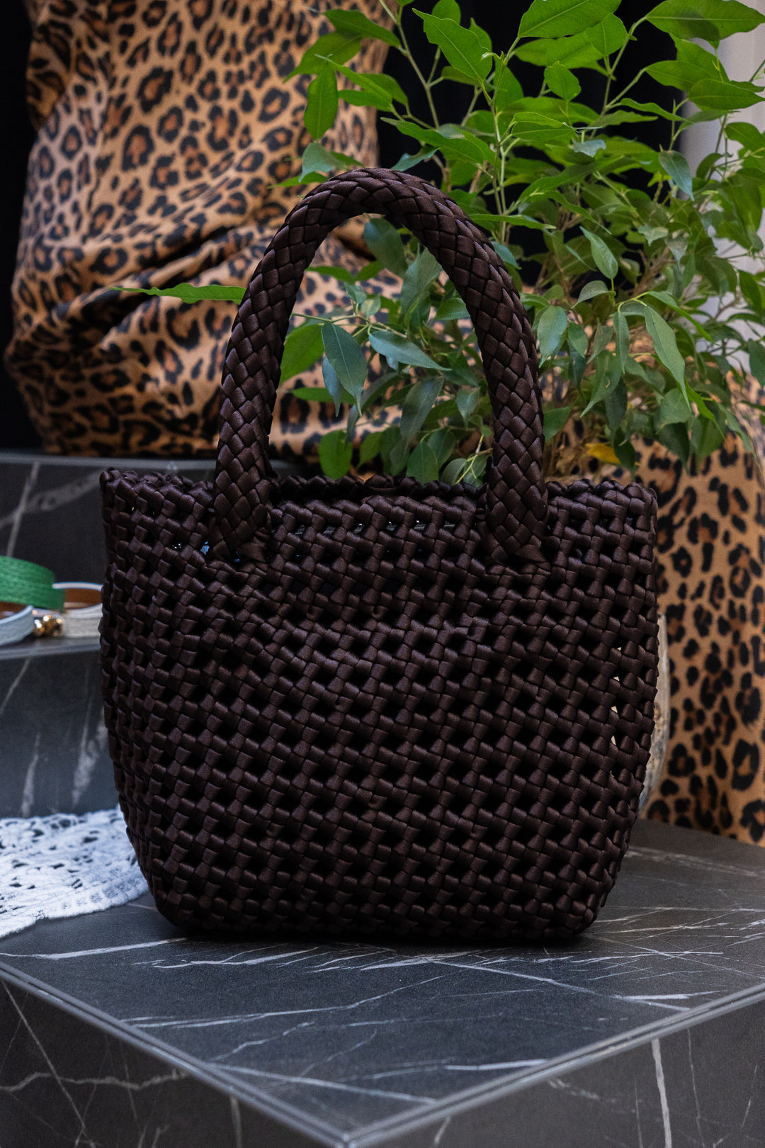 Brown Woven Silk Tote with Pouch