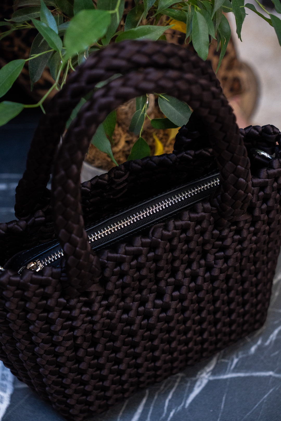 Brown Woven Silk Tote with Pouch