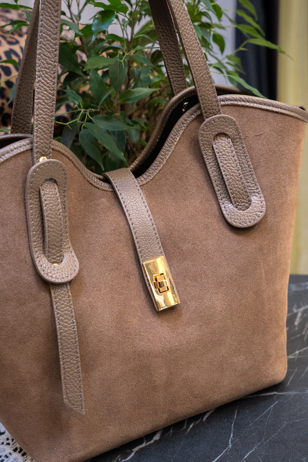 Suede Leather Tote Bag Brown