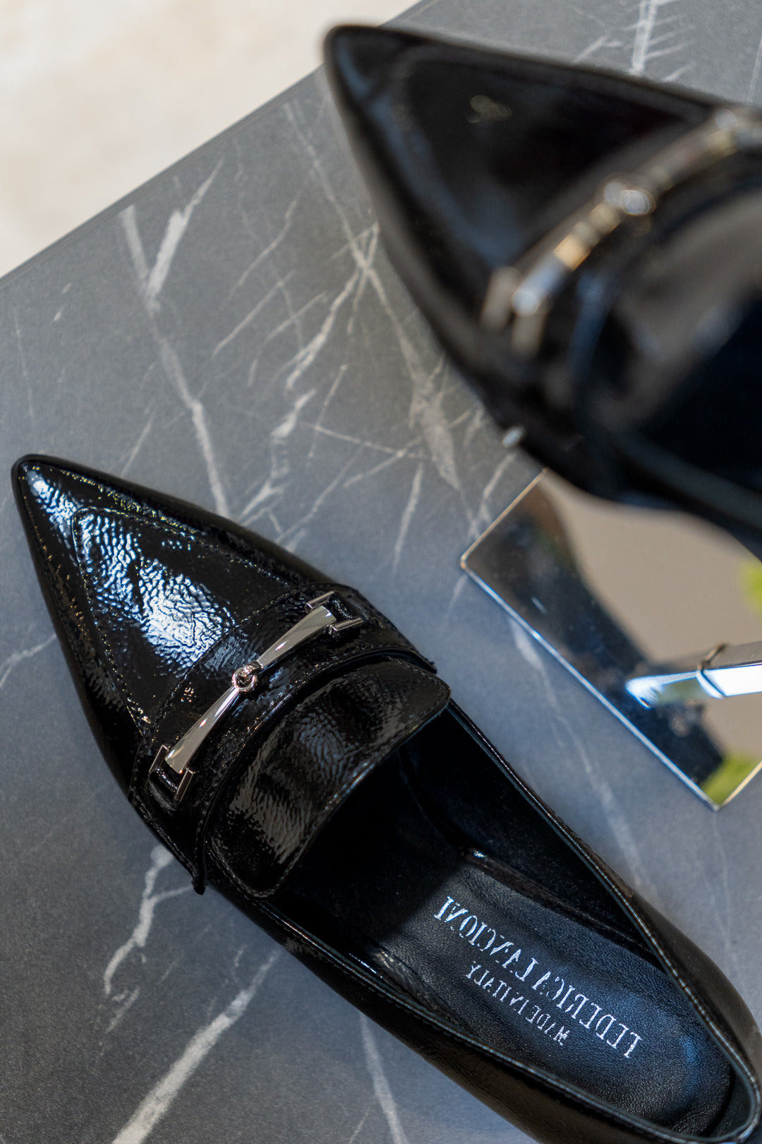 Patent Leather Kitten Heel Loafers Black