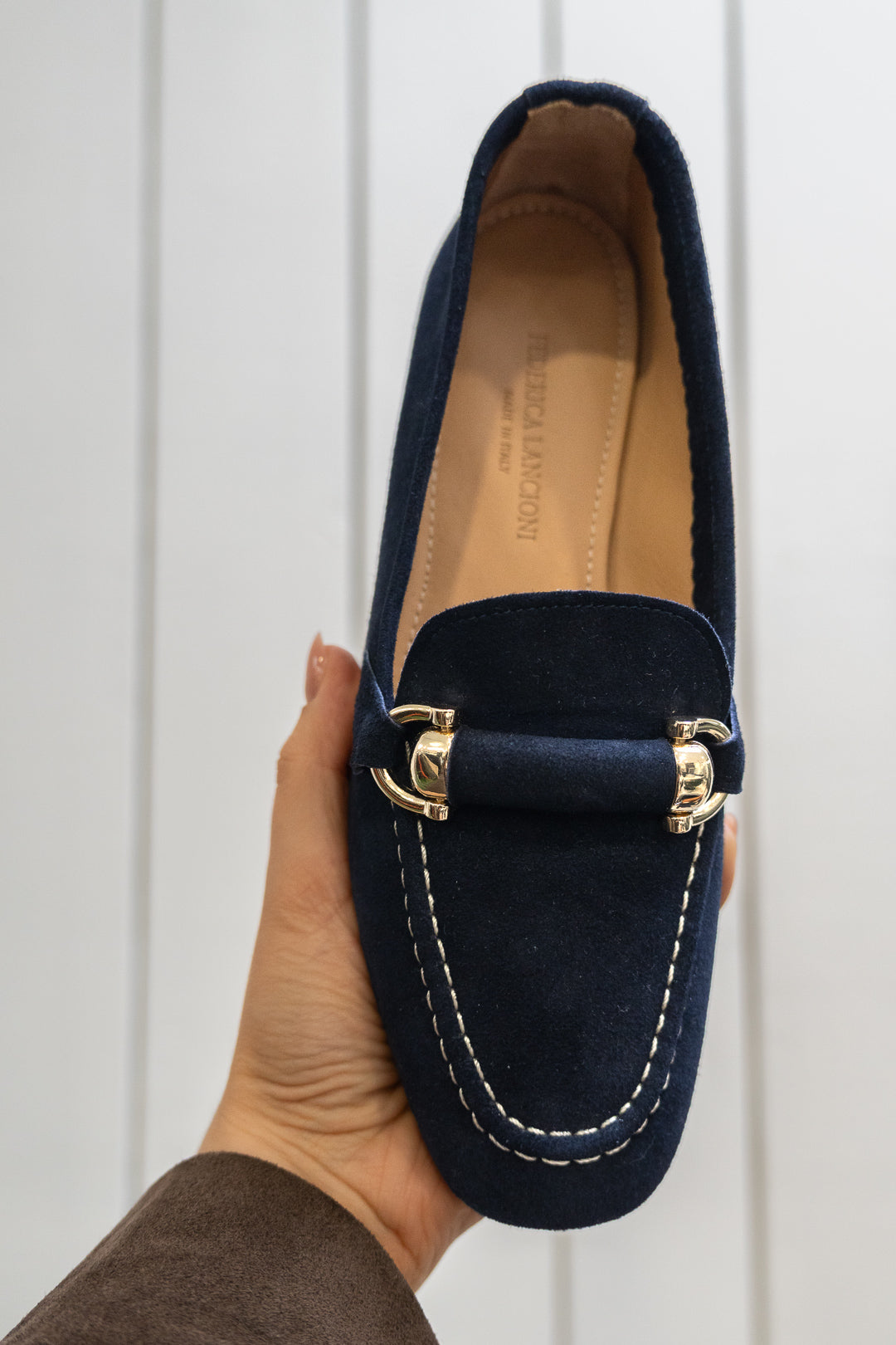 Navy Suede Gold-Detail Loafers