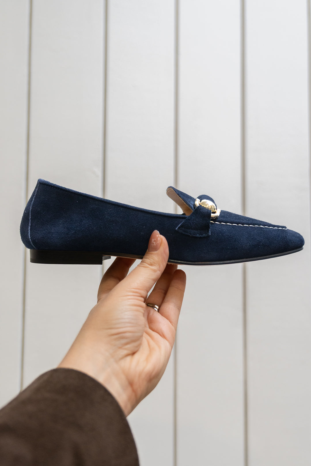 Navy Suede Gold-Detail Loafers
