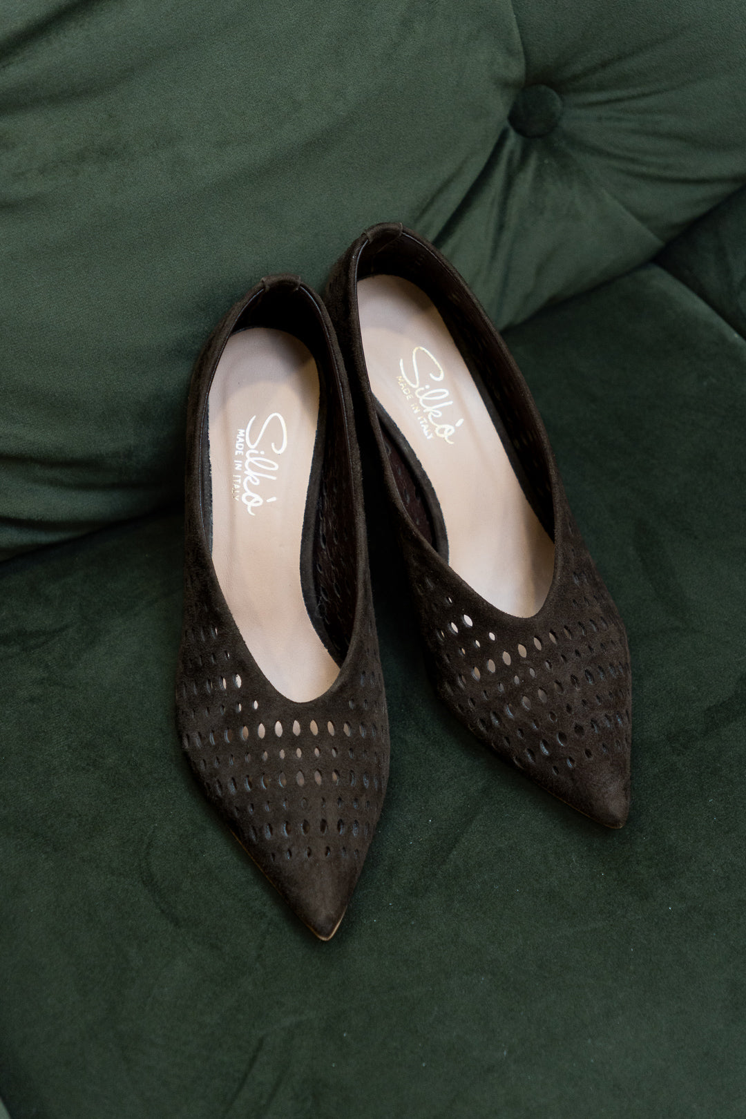 Brown Perforated Suede Pointed-Toe Pumps