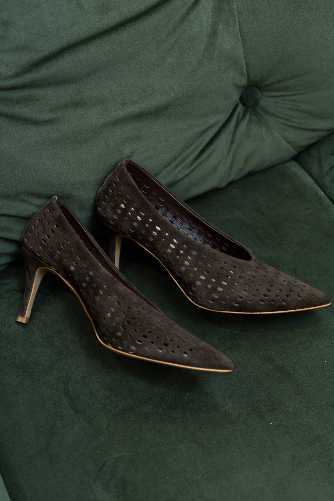Brown Perforated Suede Pointed-Toe Pumps