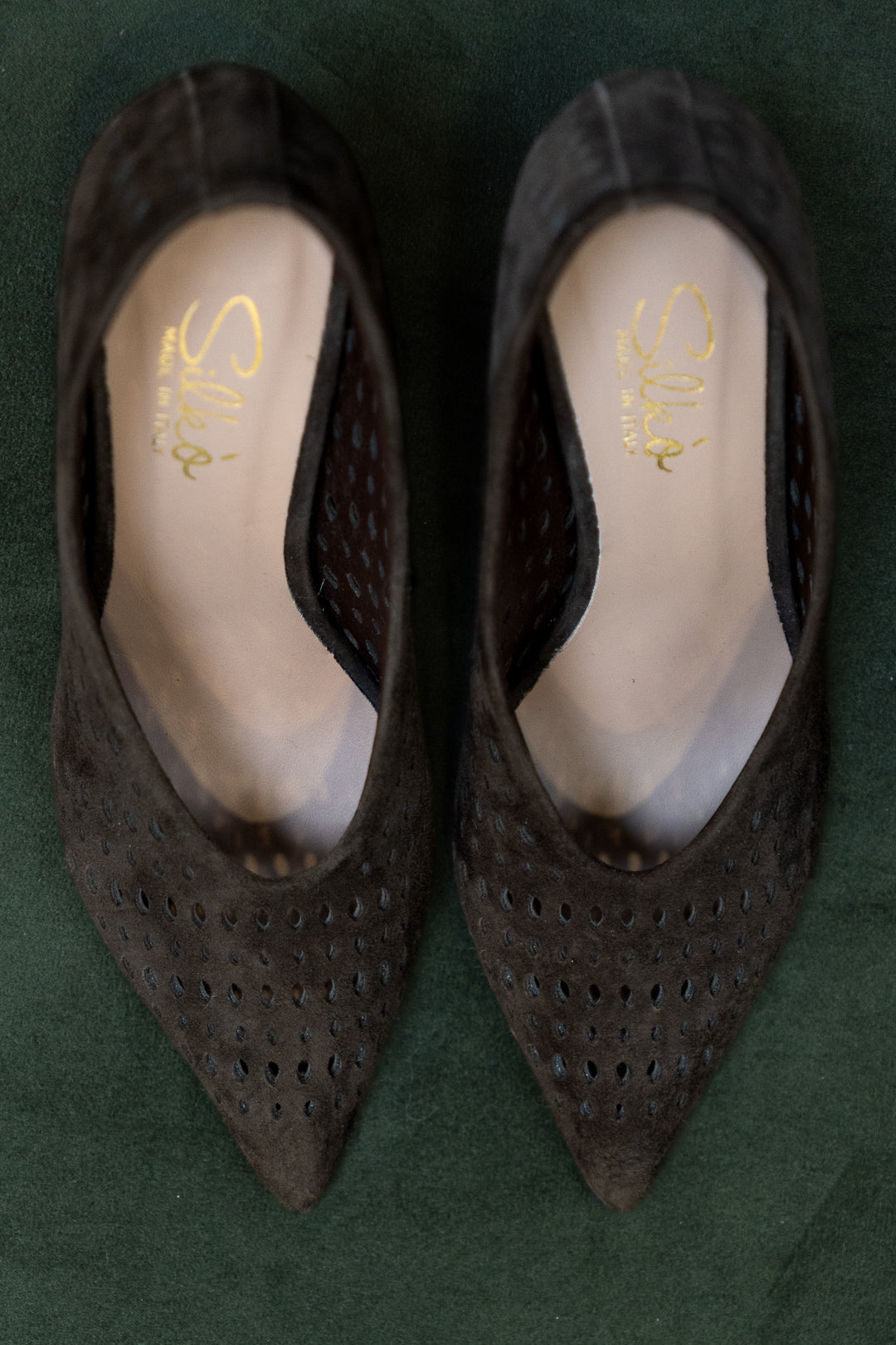 Brown Perforated Suede Pointed-Toe Pumps
