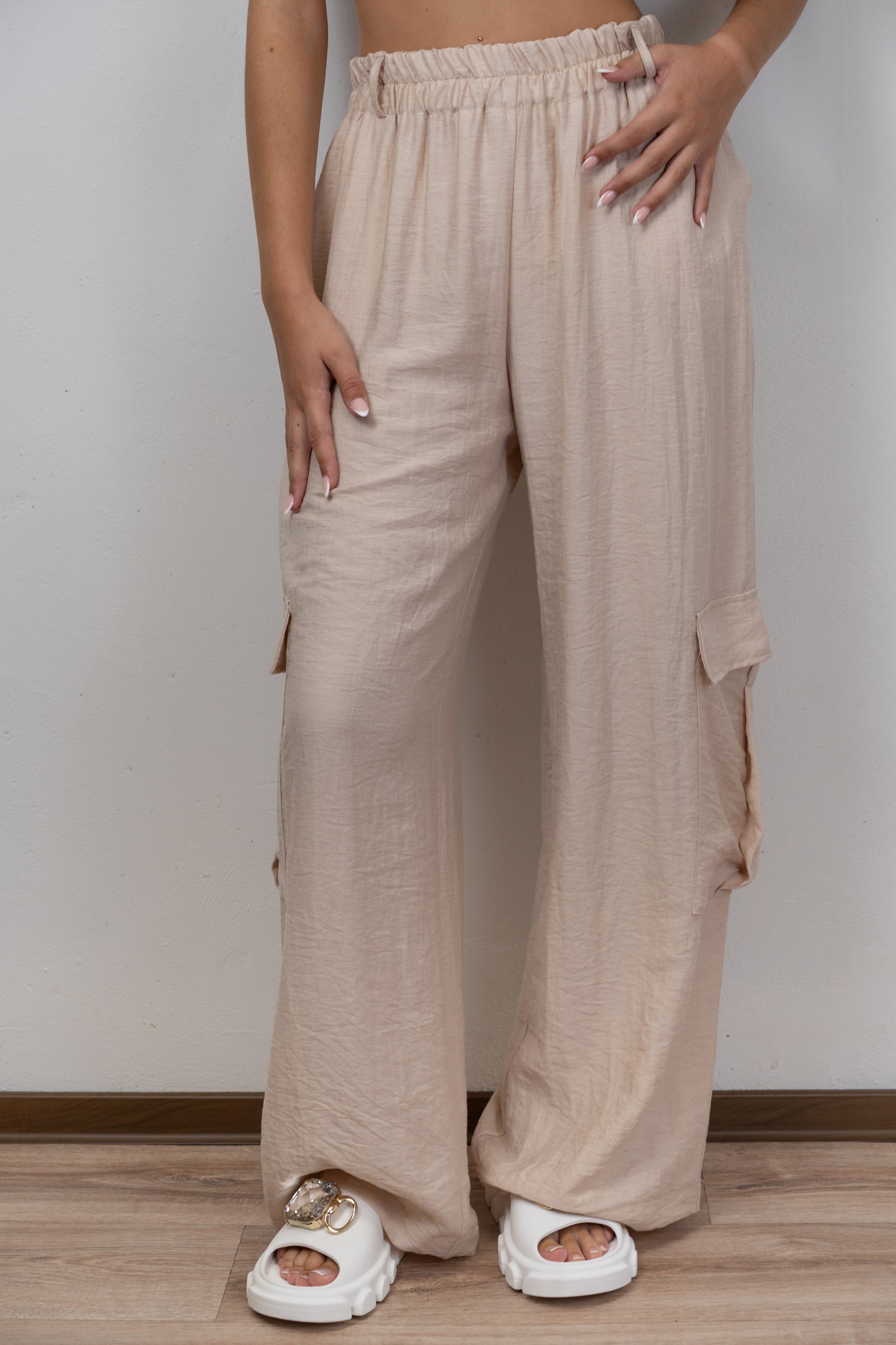 Beige Wide-Leg Cargo Pants