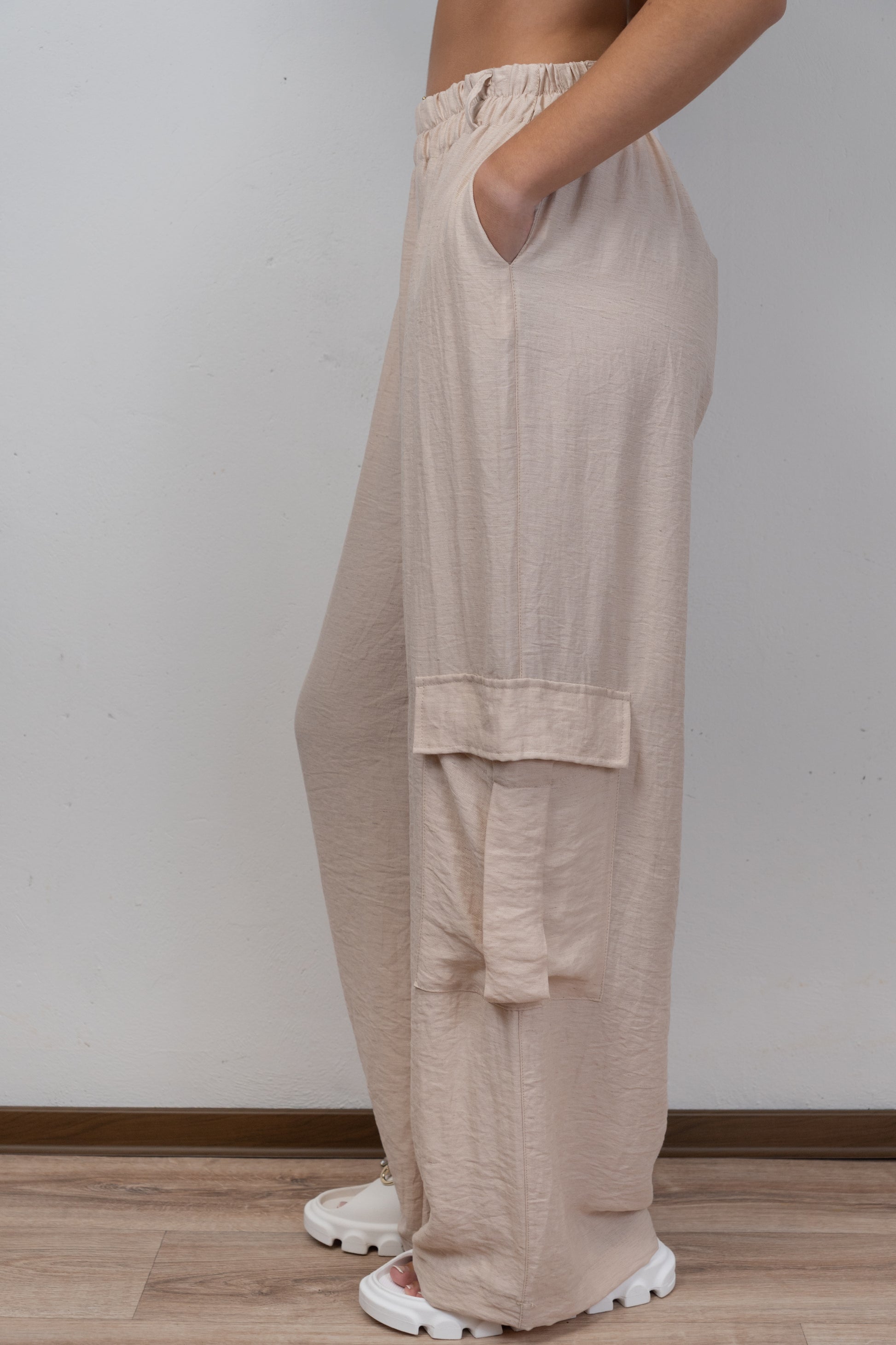 Beige Wide-Leg Cargo Pants