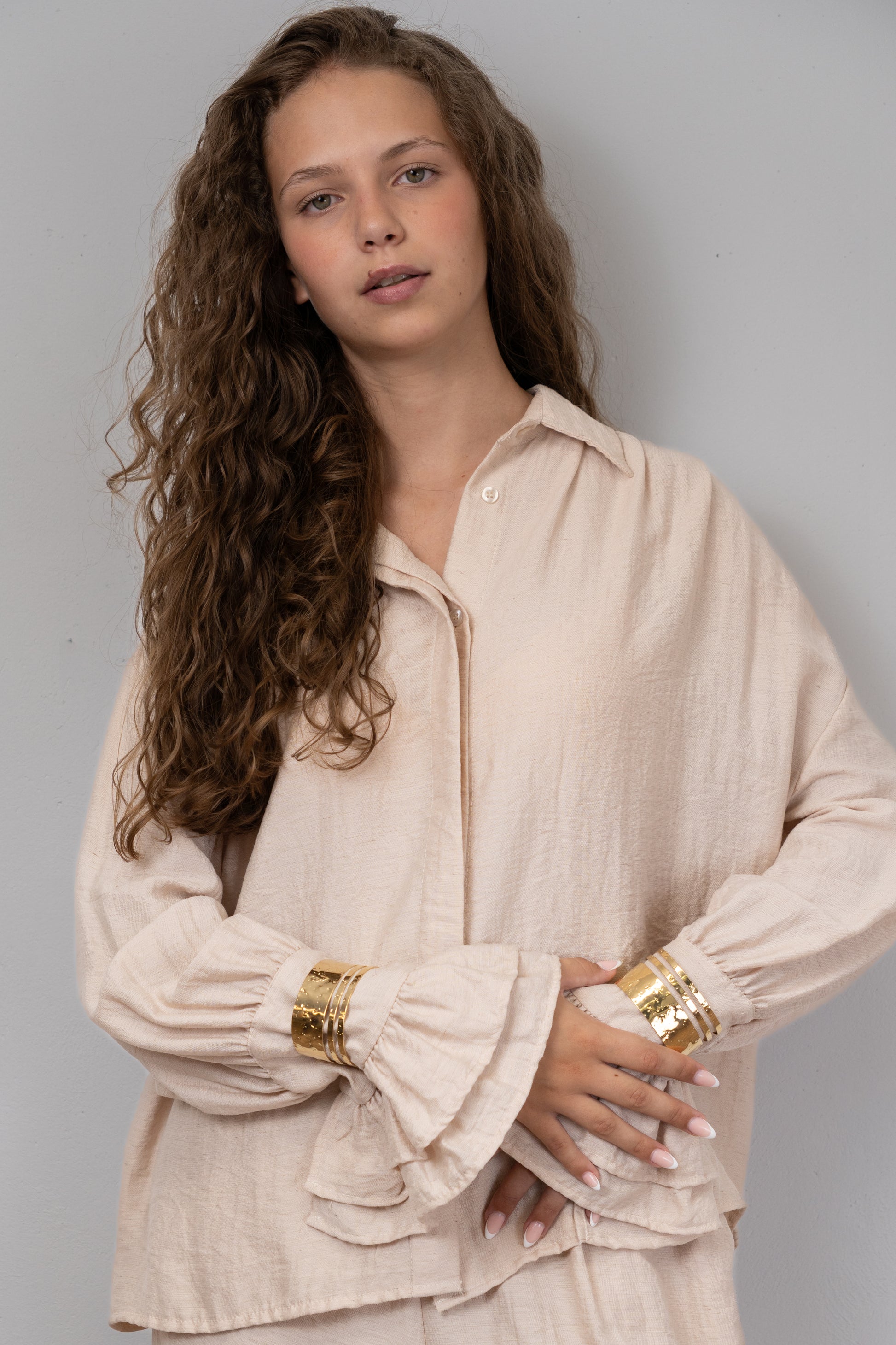Beige Ruffle-Cuff Blouse