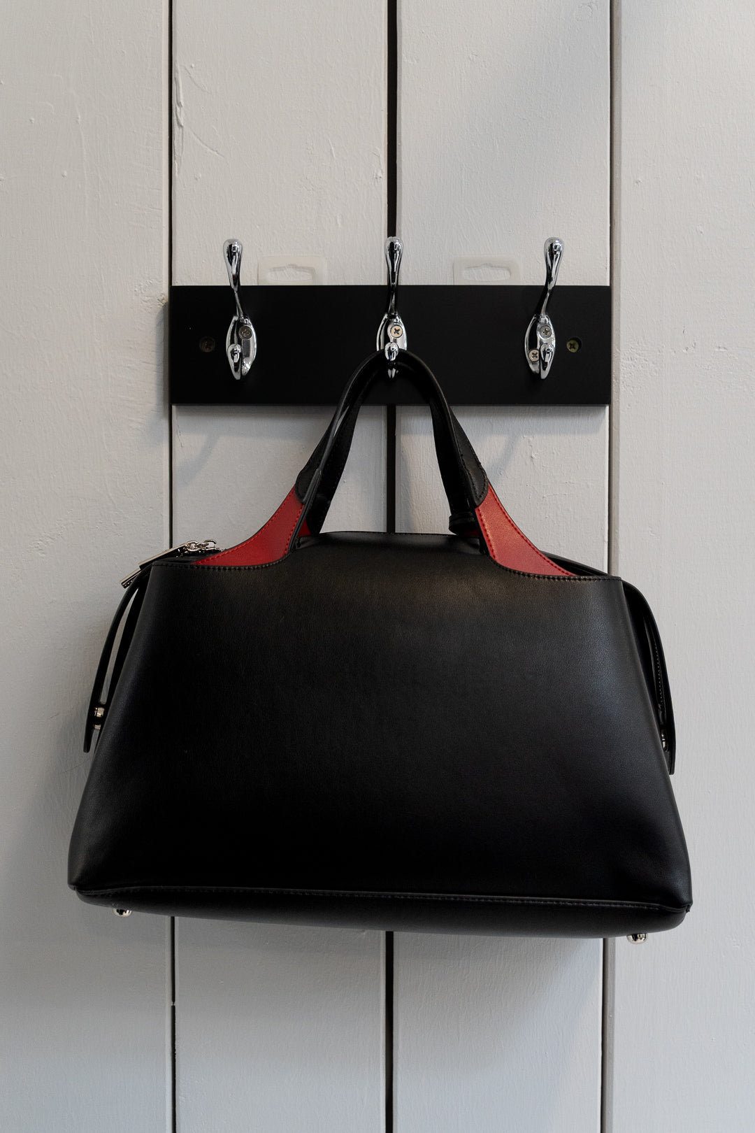 Black Leather Tote with Red Contrast