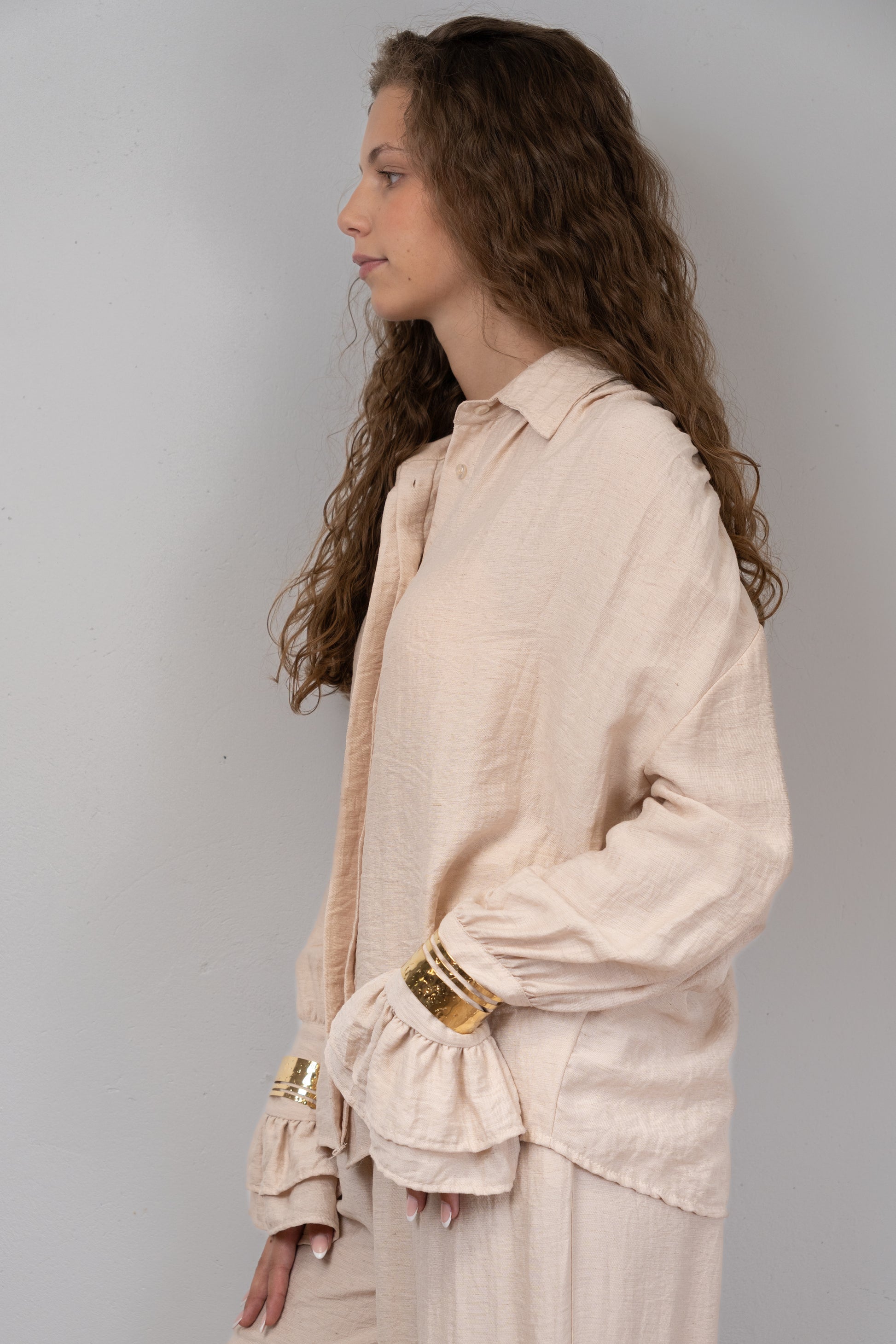 Beige Ruffle-Cuff Blouse
