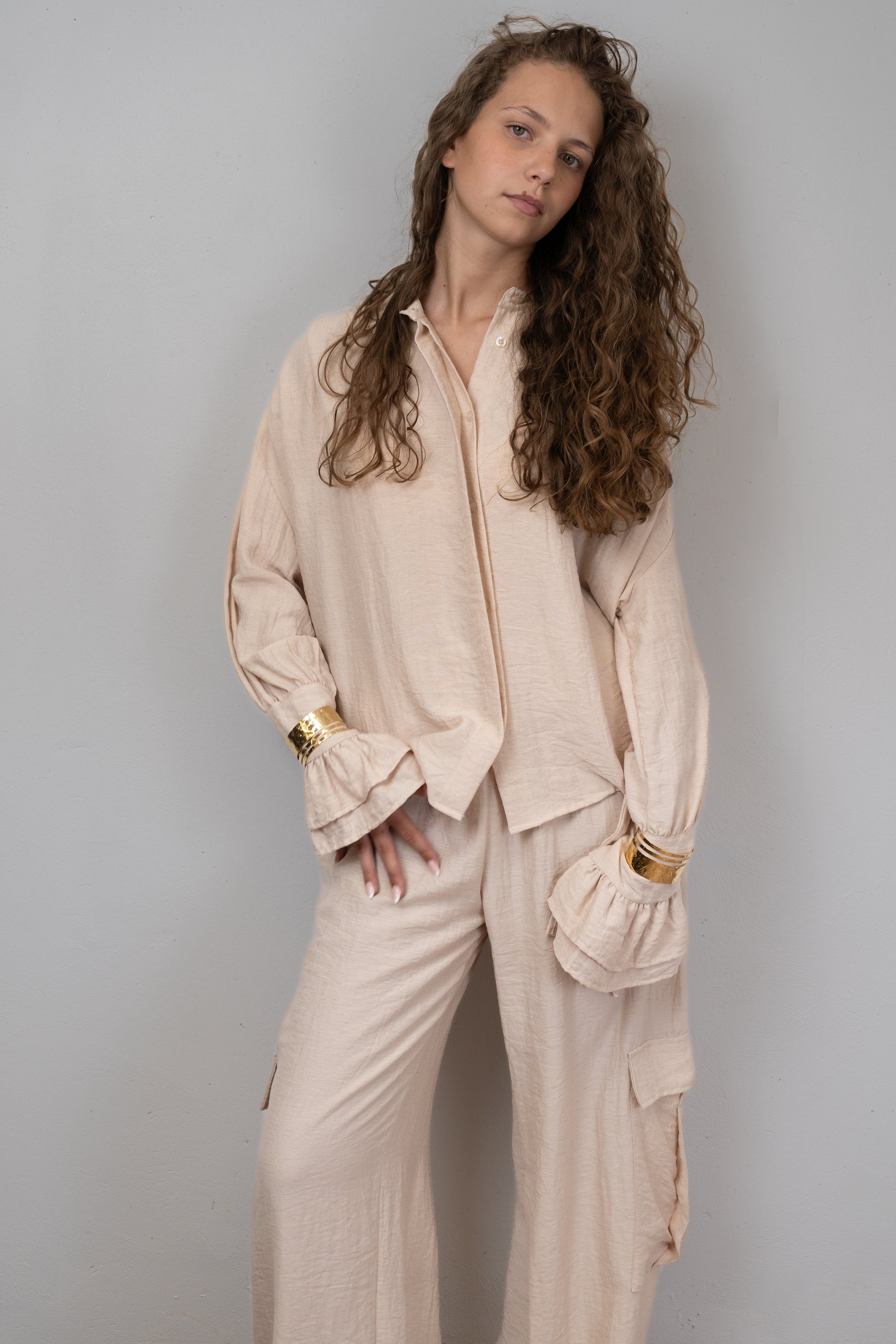Beige Wide-Leg Cargo Pants
