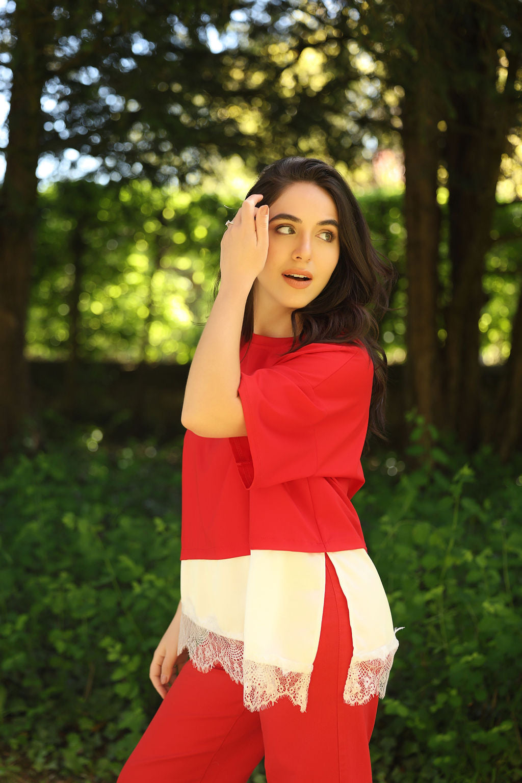 Red Lace Hem T-Shirt