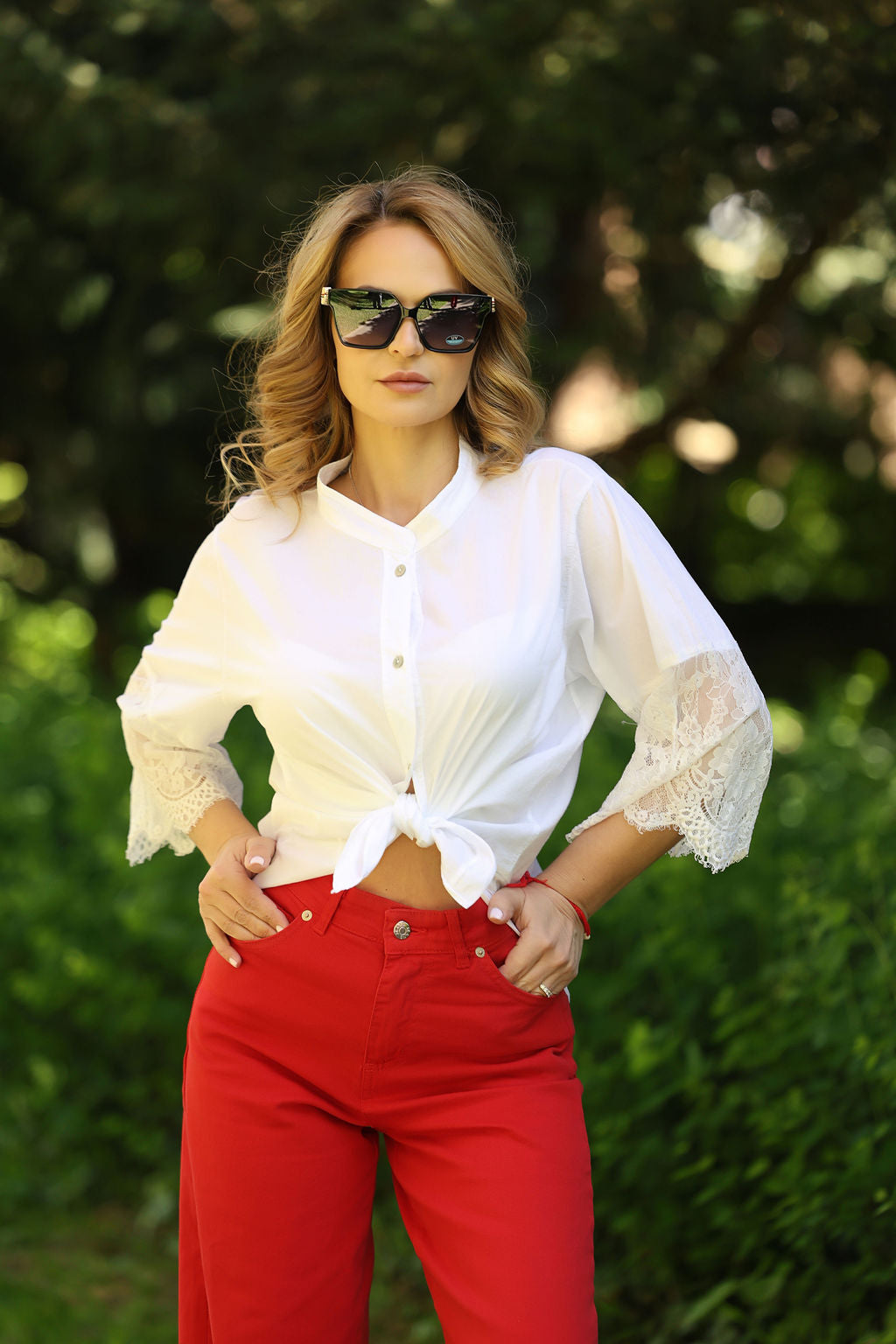 White Lace-Cuff Tie Shirt