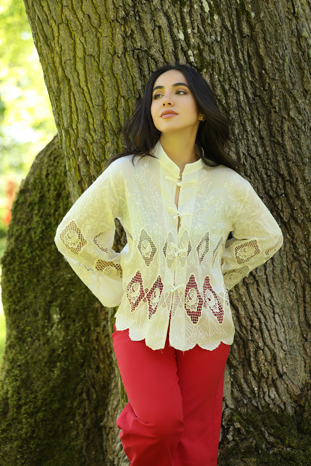 Cream Lace Embroidered Shirt
