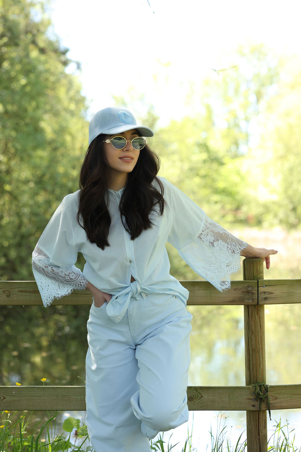 Baby Blue Lace-Cuff Tie Shirt