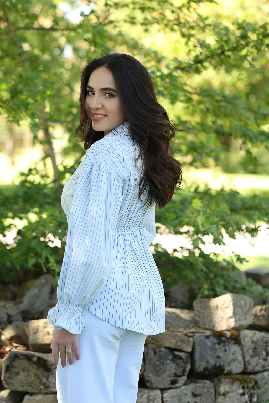 Blue Pinstripe Lace Panel Shirt