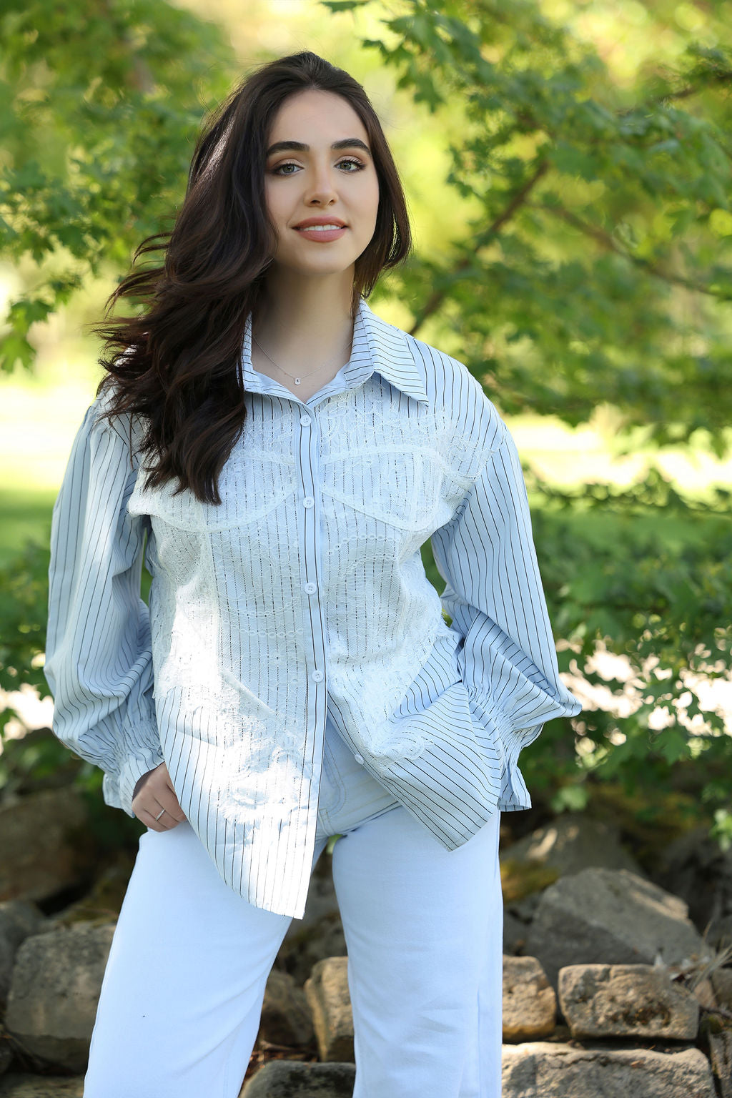 Blue Pinstripe Lace Panel Shirt