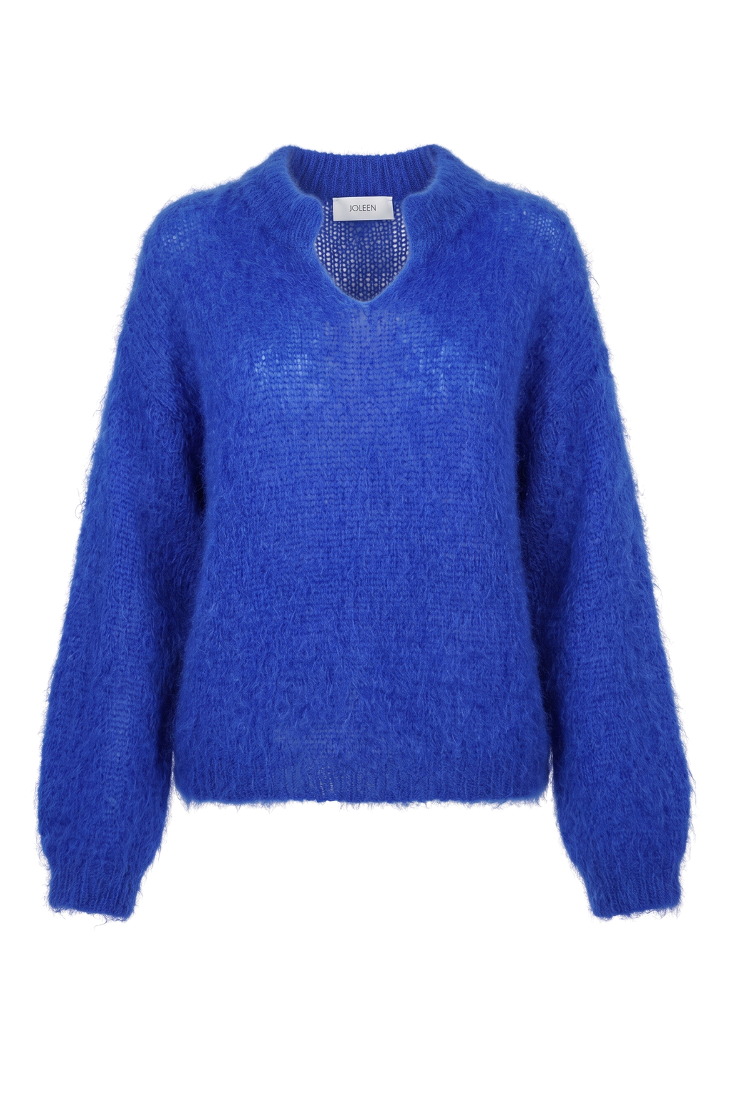 Fluffy Mohair Notch-Neck Sweater Blue