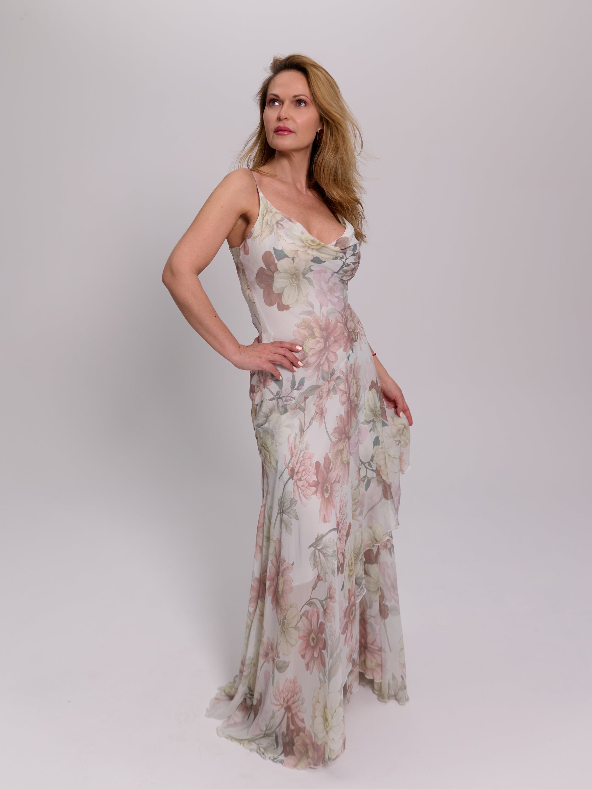 Blush Floral Cowl-Neck Maxi Dress
