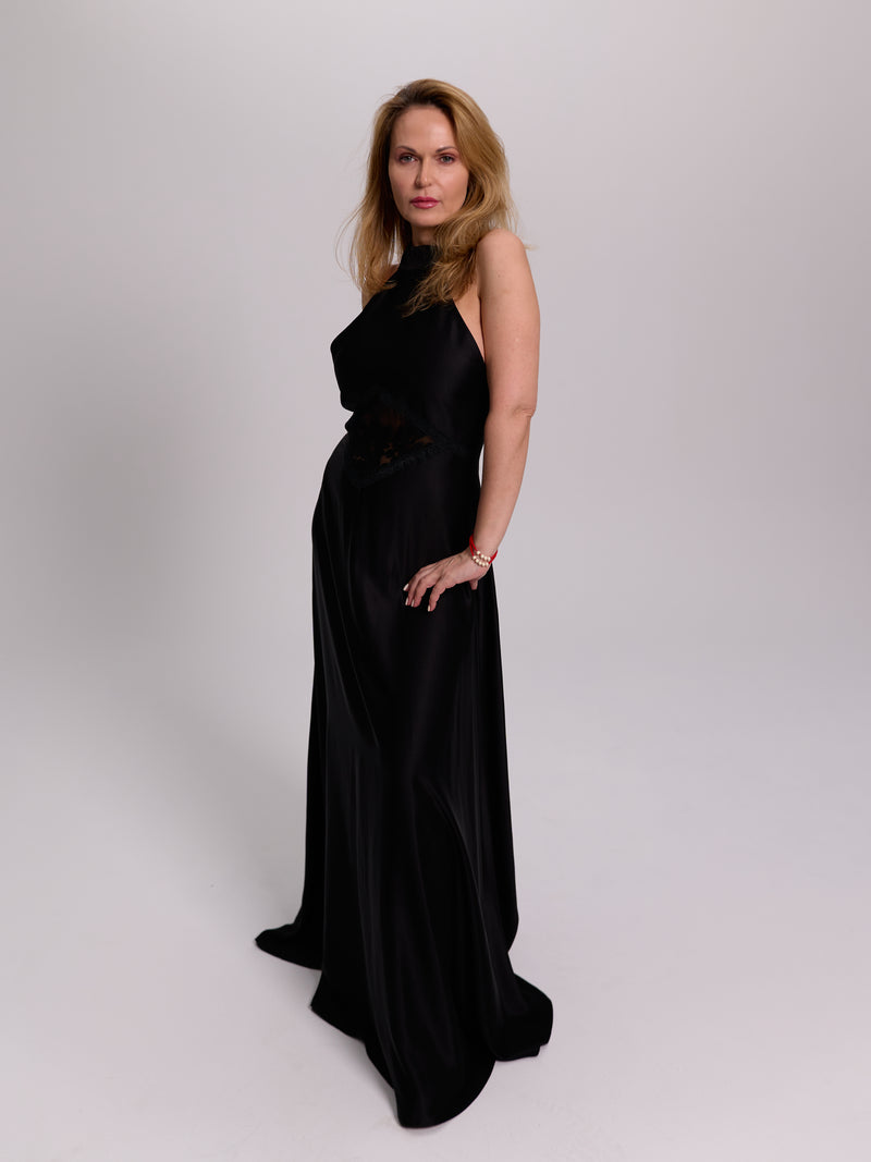 Black Halter-Neck Lace-Cutout Maxi Dress