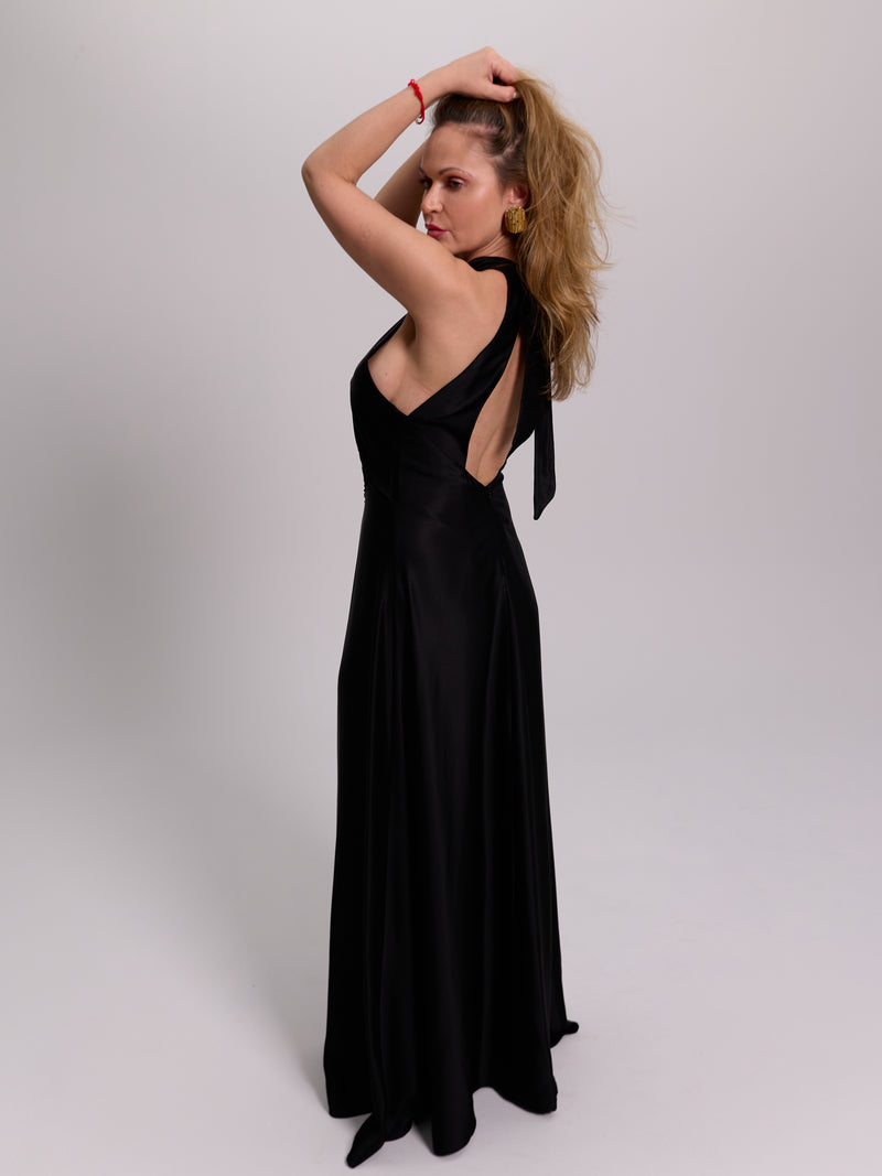Black Halter-Neck Lace-Cutout Maxi Dress