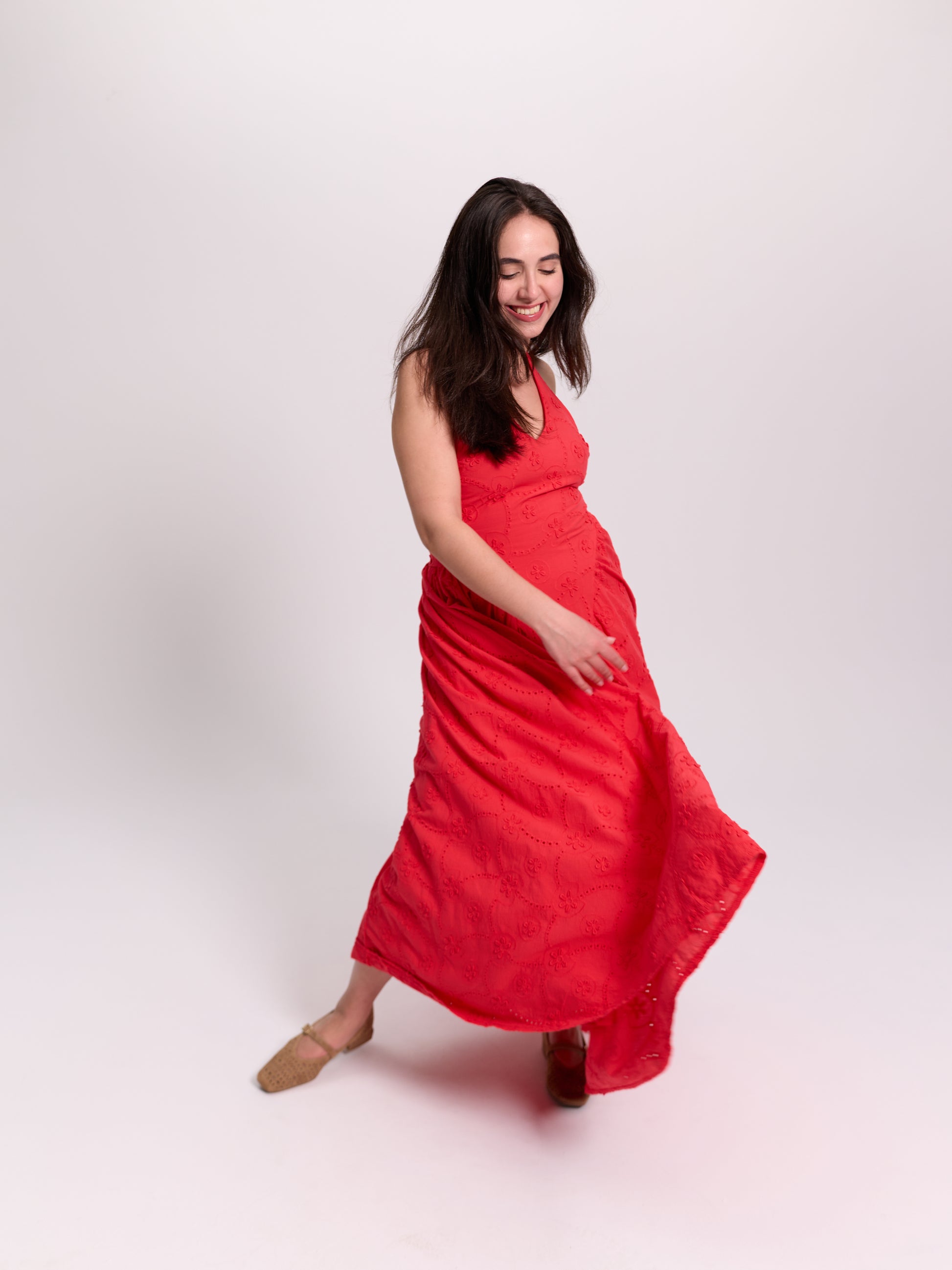Red Broderie Anglaise V-Neck Maxi Dress