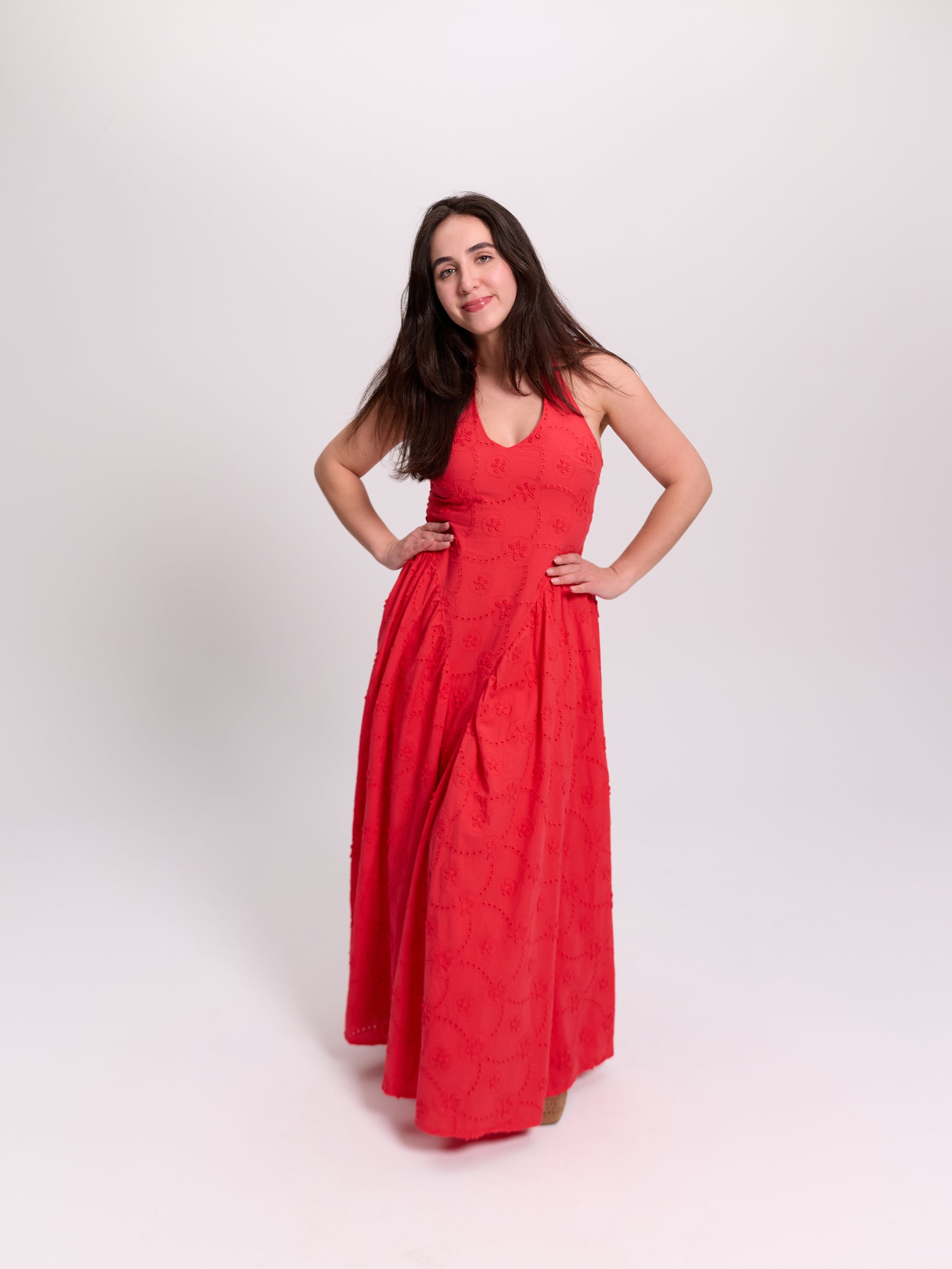 Red Broderie Anglaise V-Neck Maxi Dress