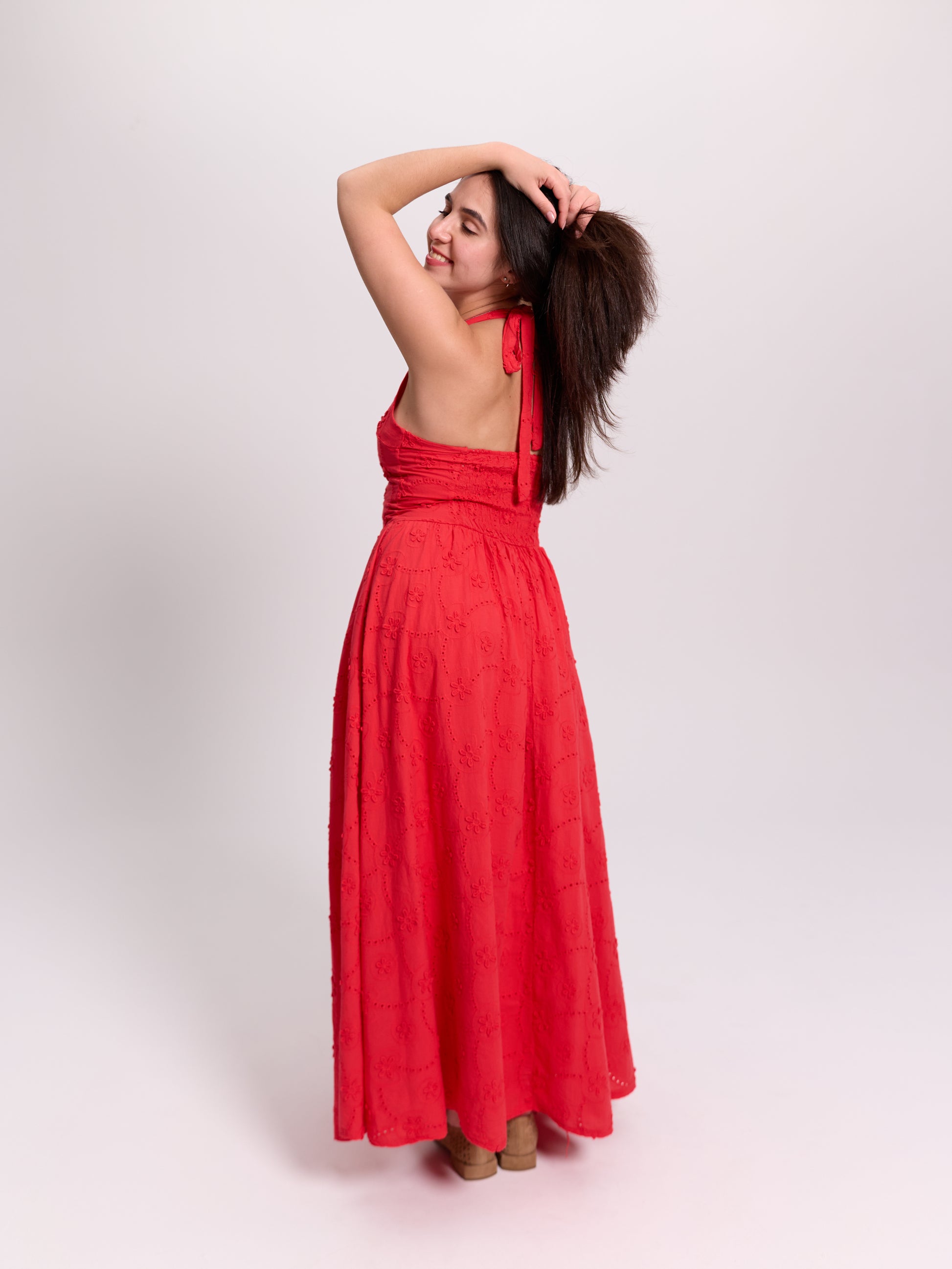 Red Broderie Anglaise V-Neck Maxi Dress