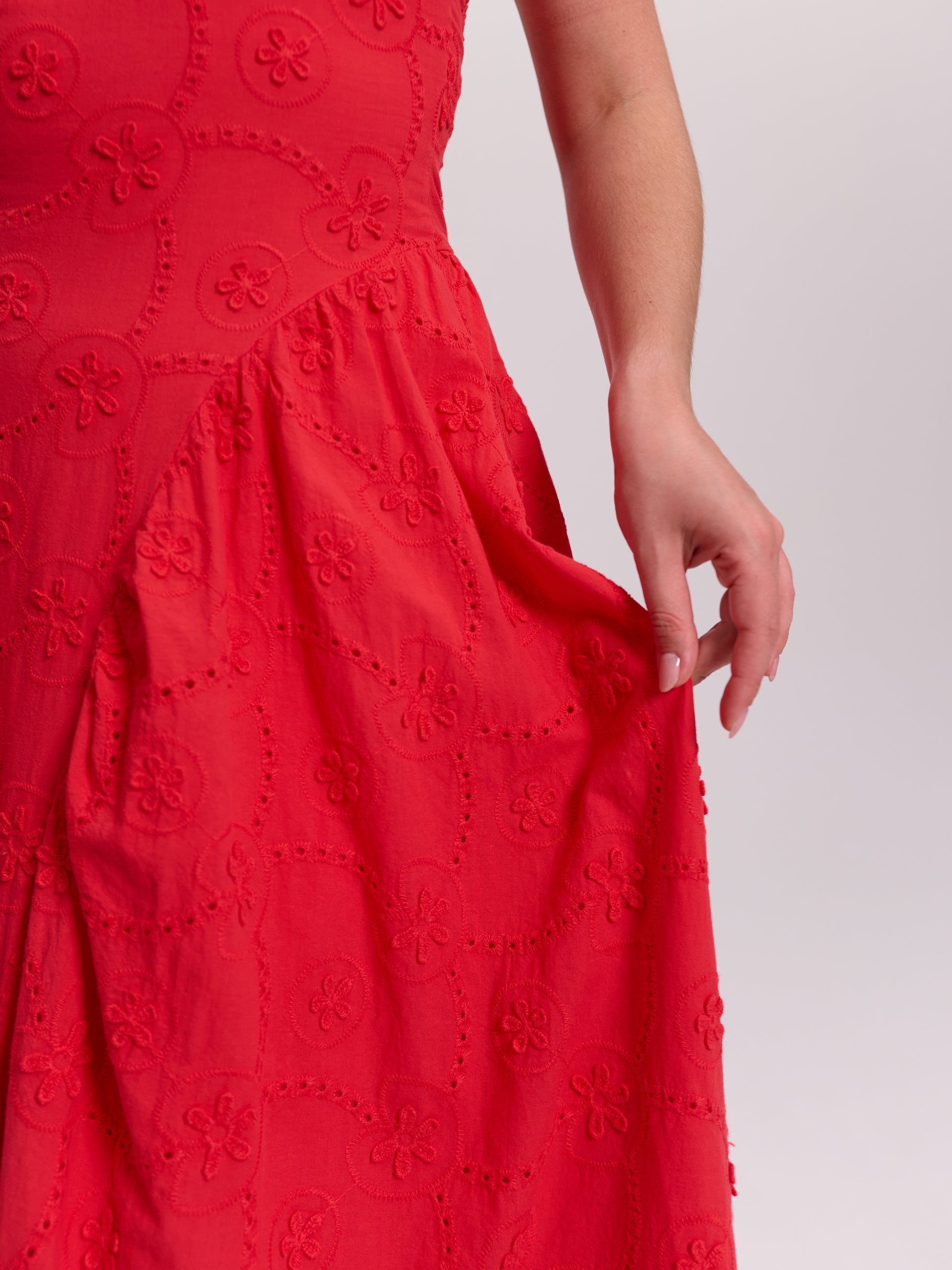 Red Broderie Anglaise V-Neck Maxi Dress