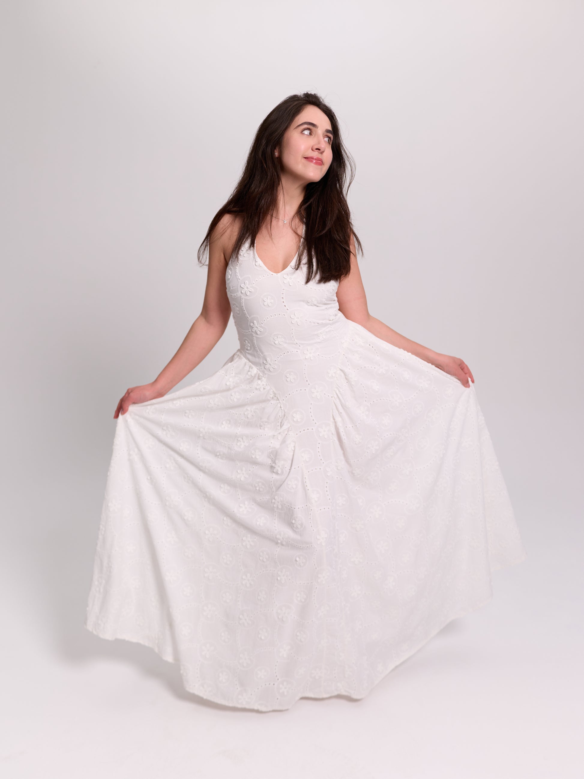 White Broderie Anglaise V-Neck Maxi Dress