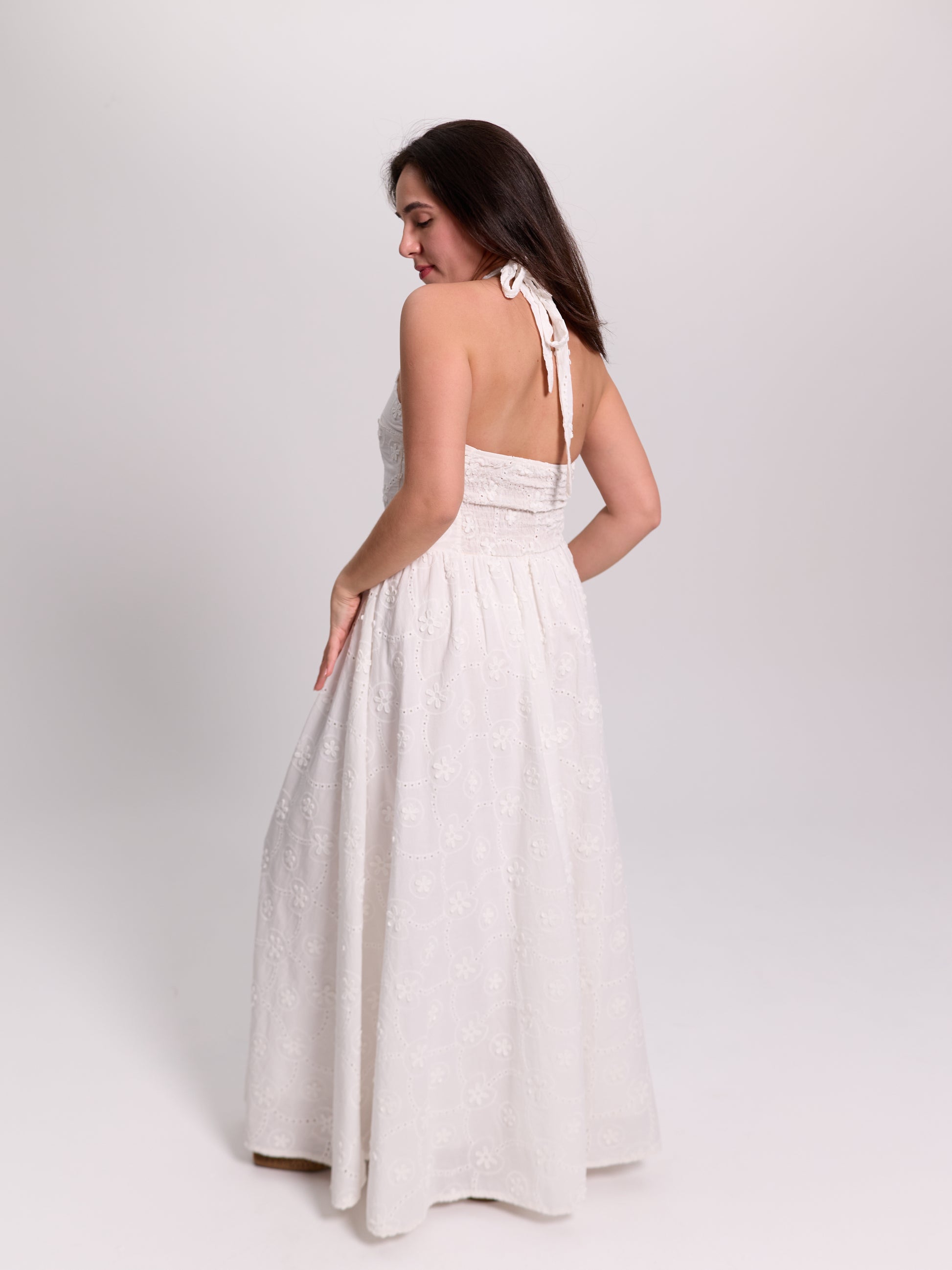 White Broderie Anglaise V-Neck Maxi Dress