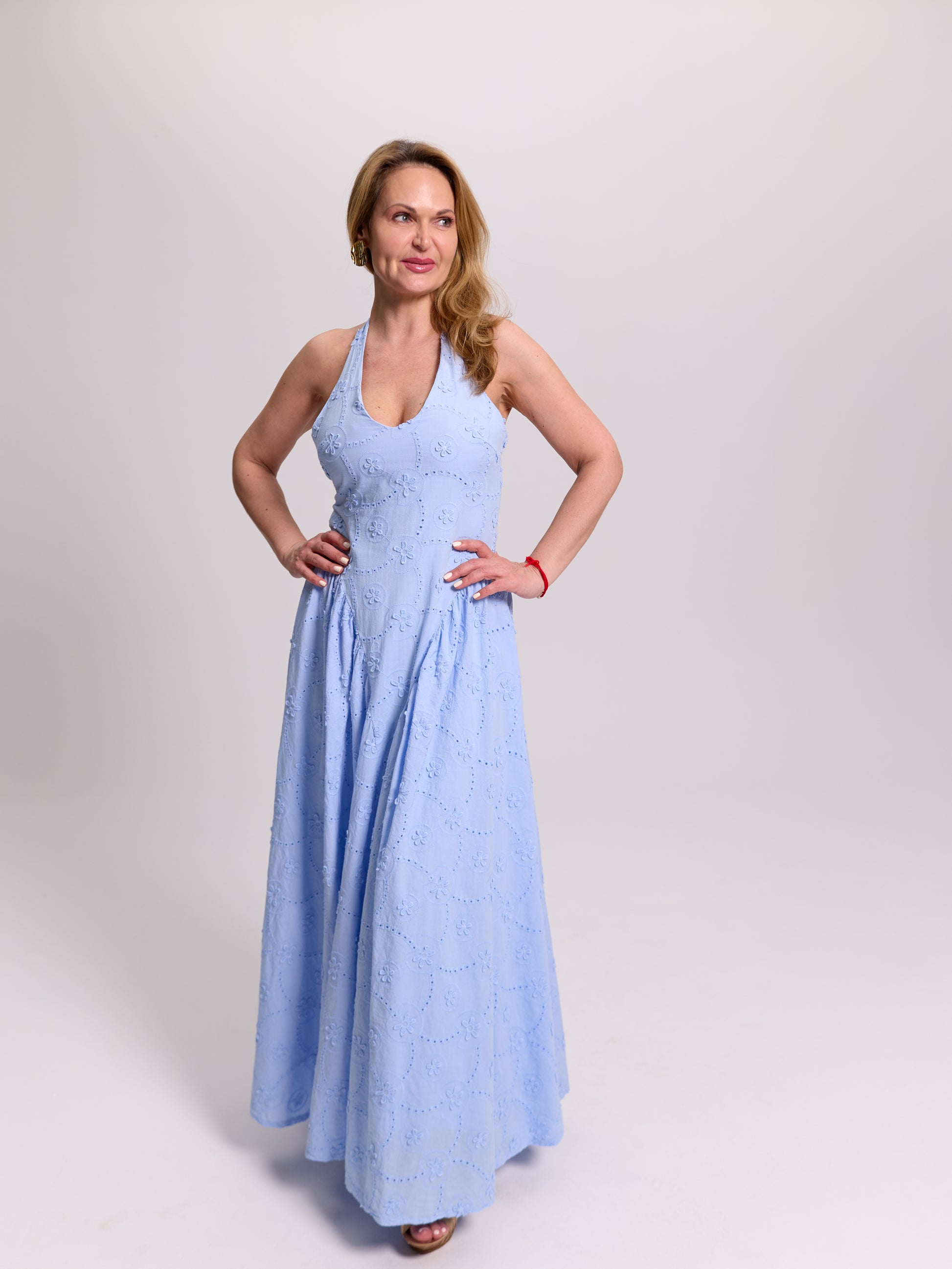 Blue Broderie Anglaise V-Neck Maxi Dress