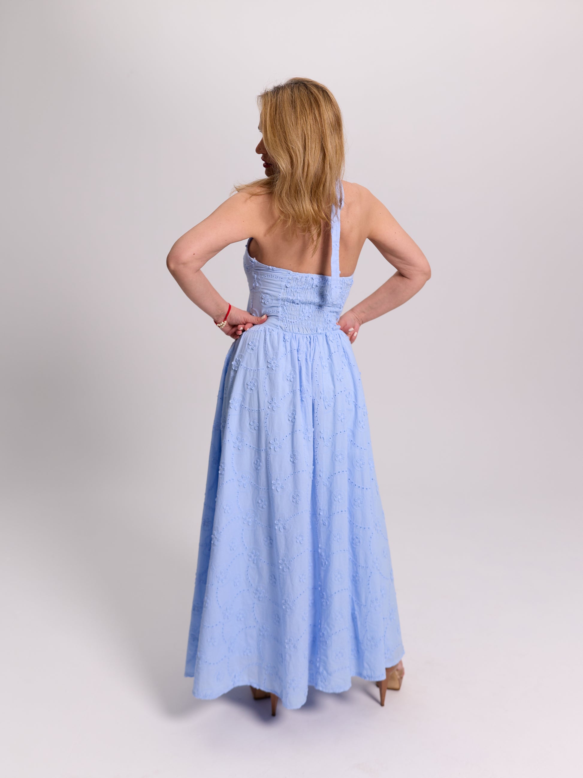 Blue Broderie Anglaise V-Neck Maxi Dress