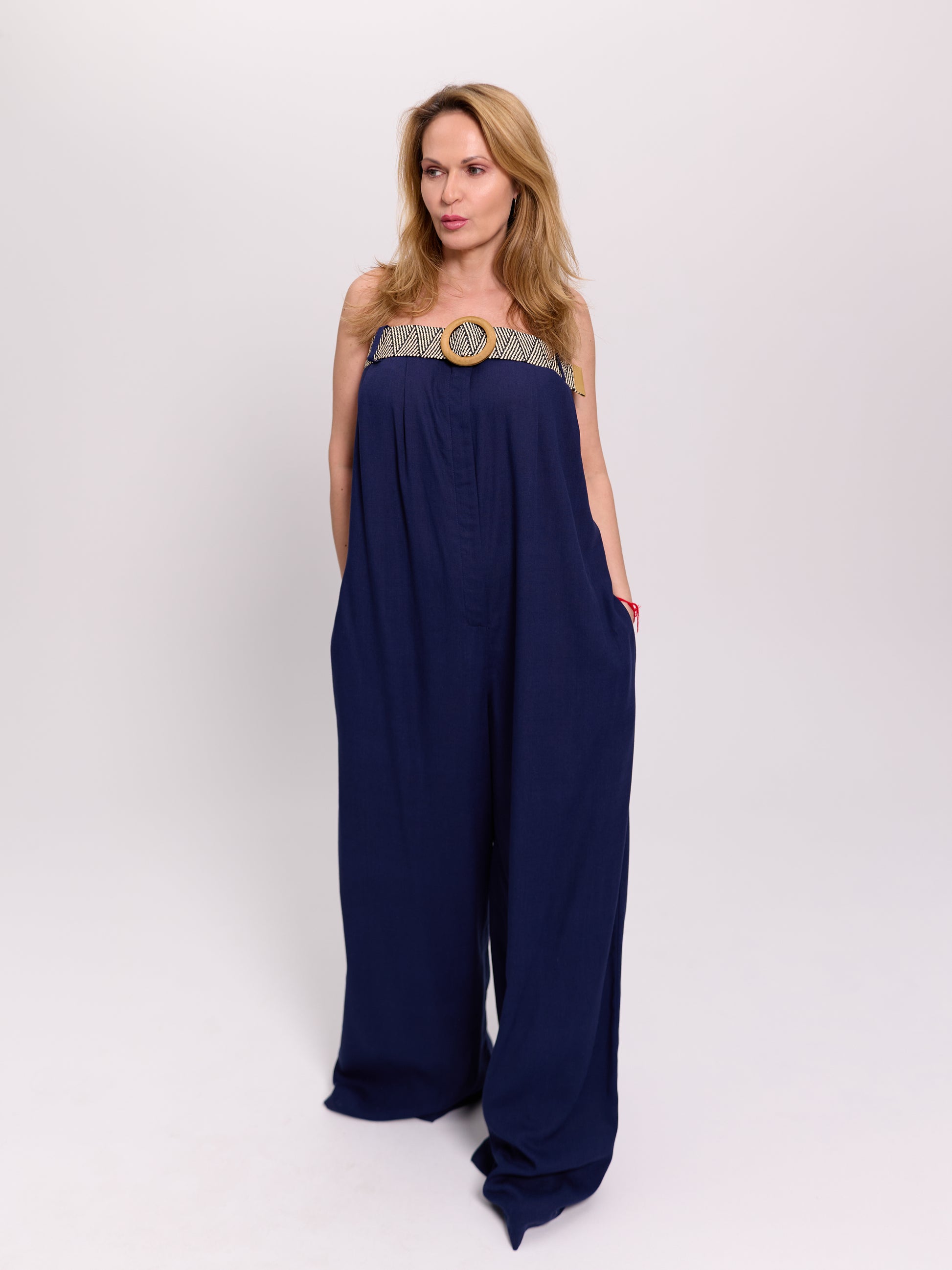Navy Belted Strapless Linen Jumpsuit
