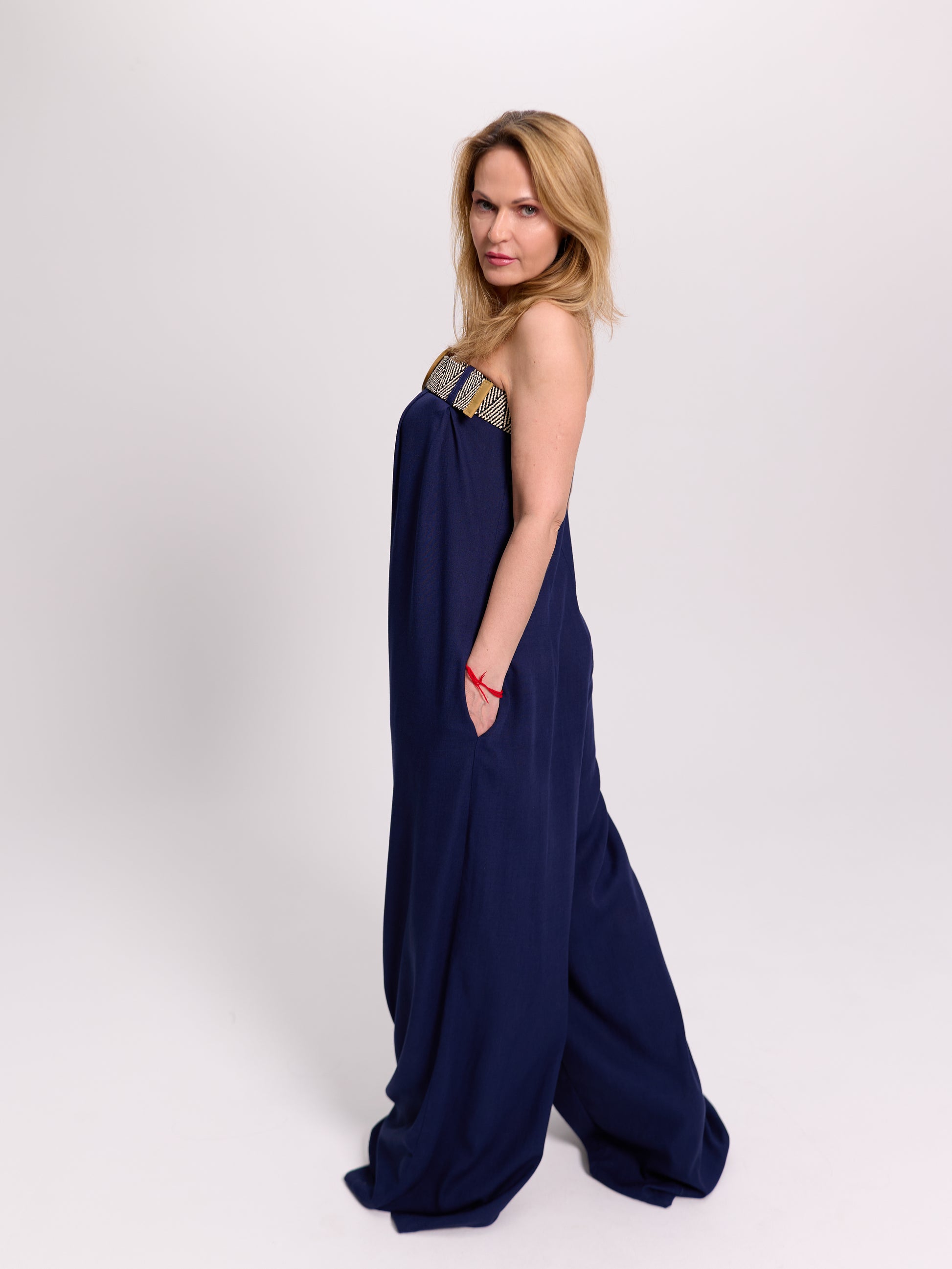 Navy Belted Strapless Linen Jumpsuit