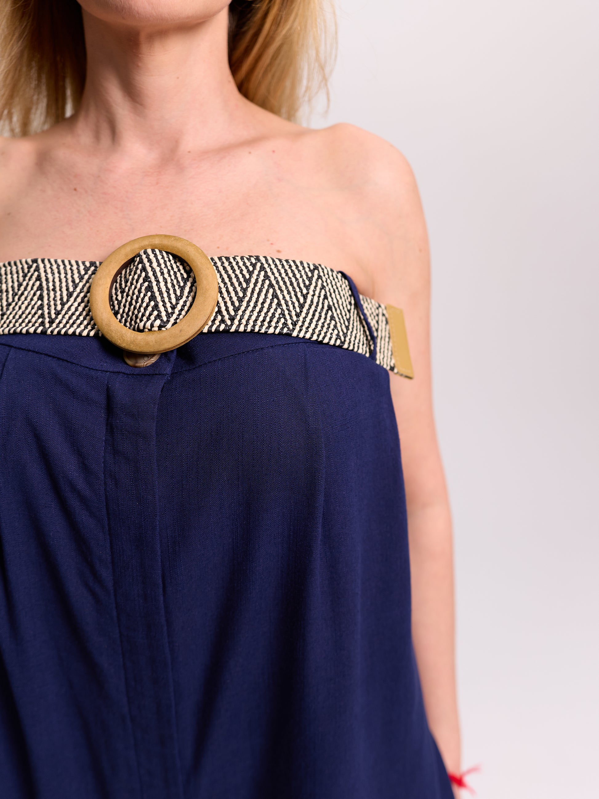 Navy Belted Strapless Linen Jumpsuit