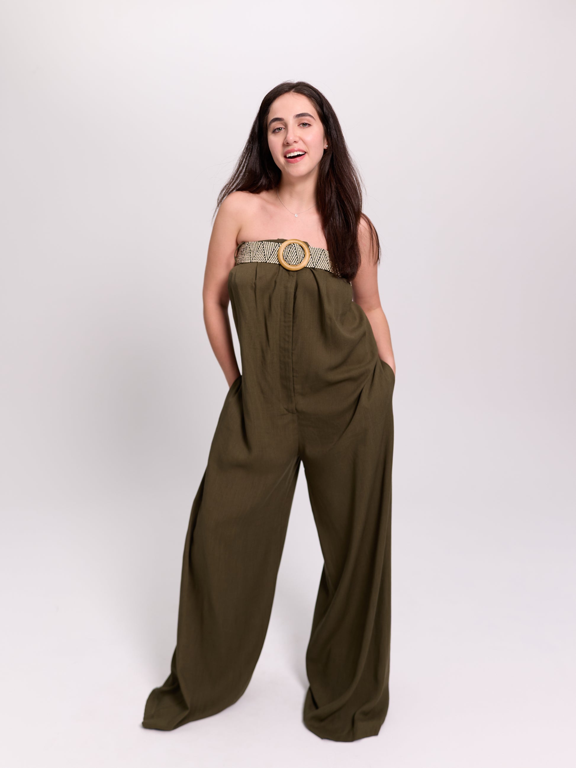 Khaki Belted Strapless Linen Jumpsuit