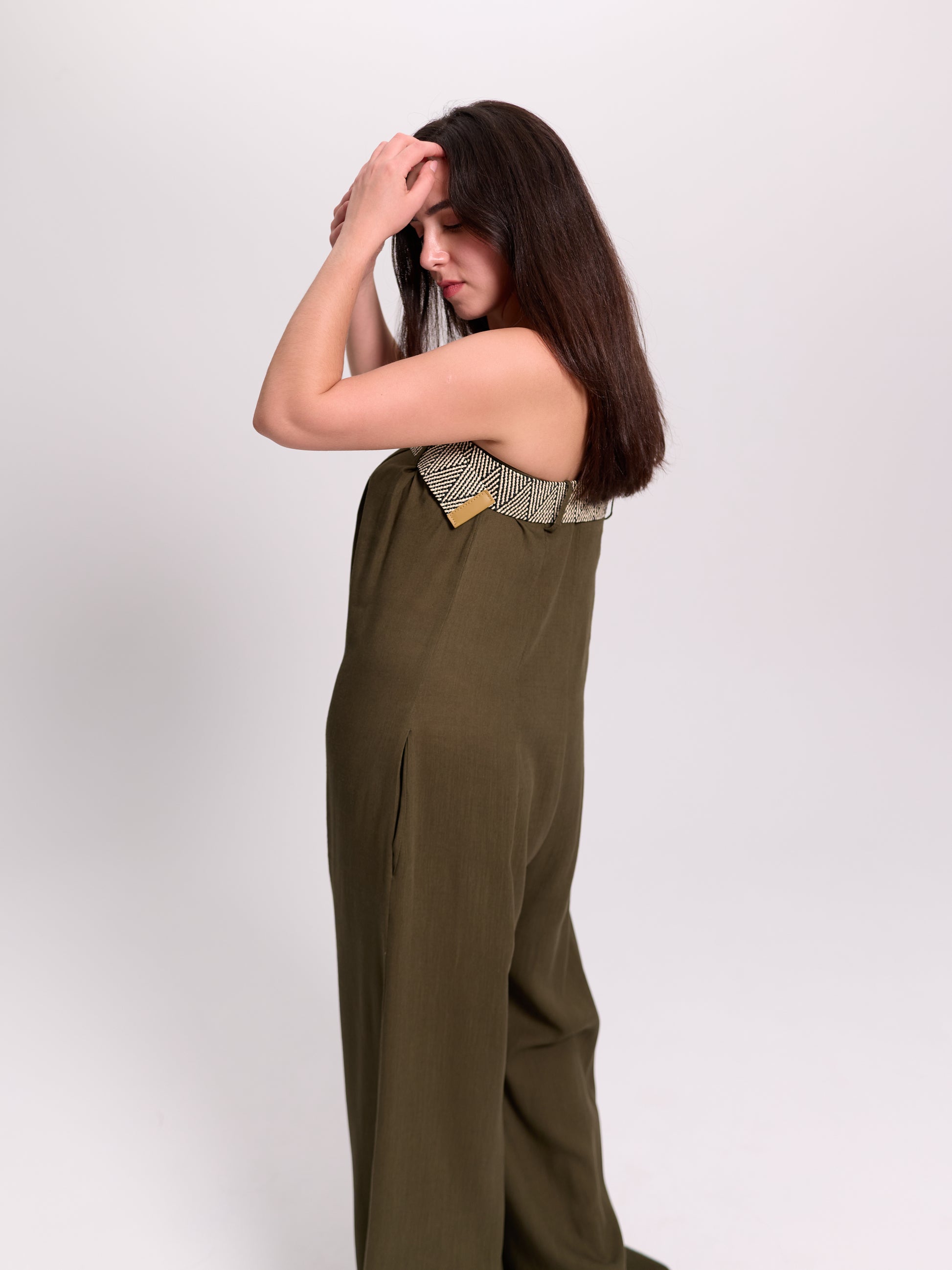 Khaki Belted Strapless Linen Jumpsuit