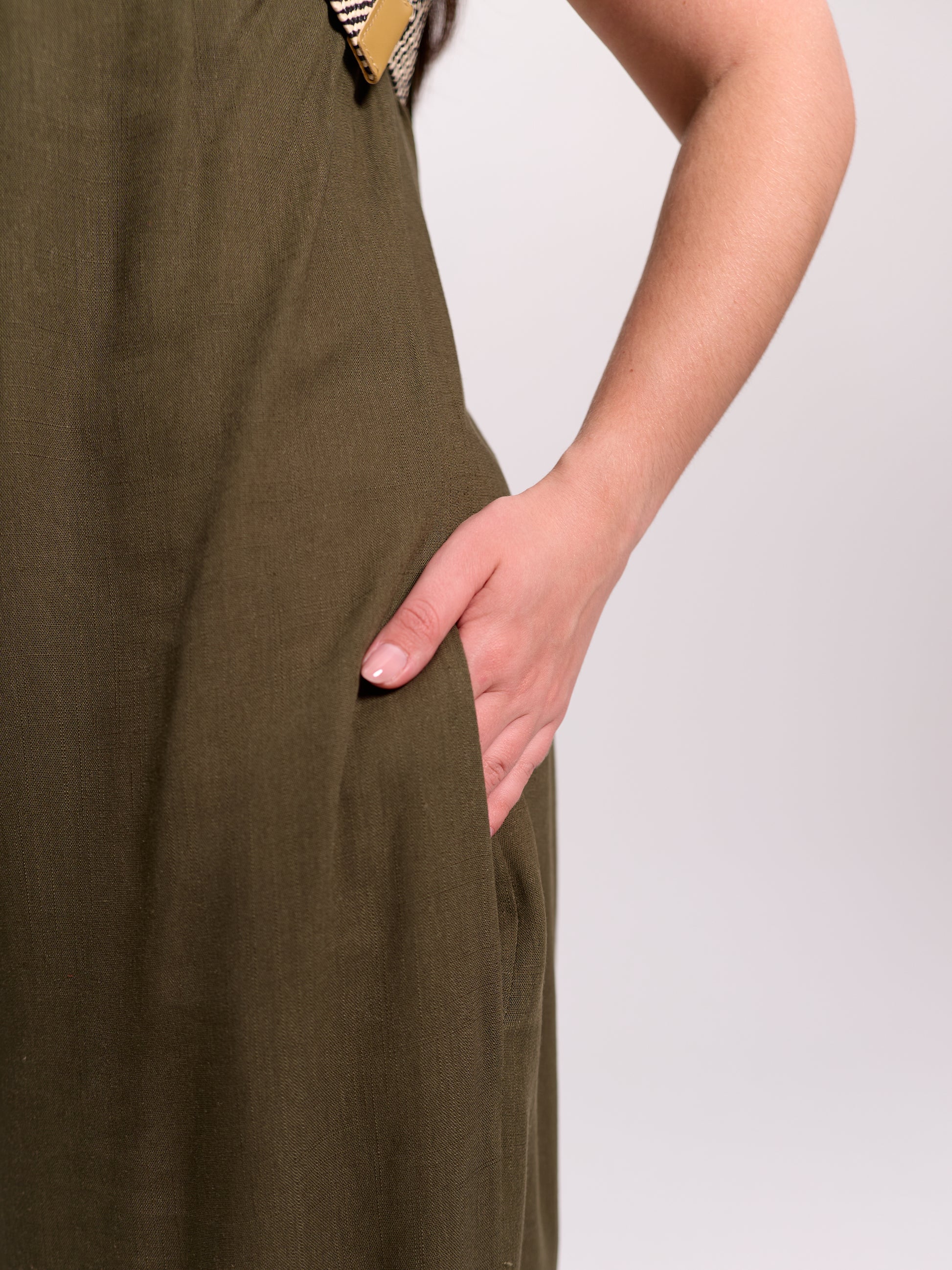 Khaki Belted Strapless Linen Jumpsuit